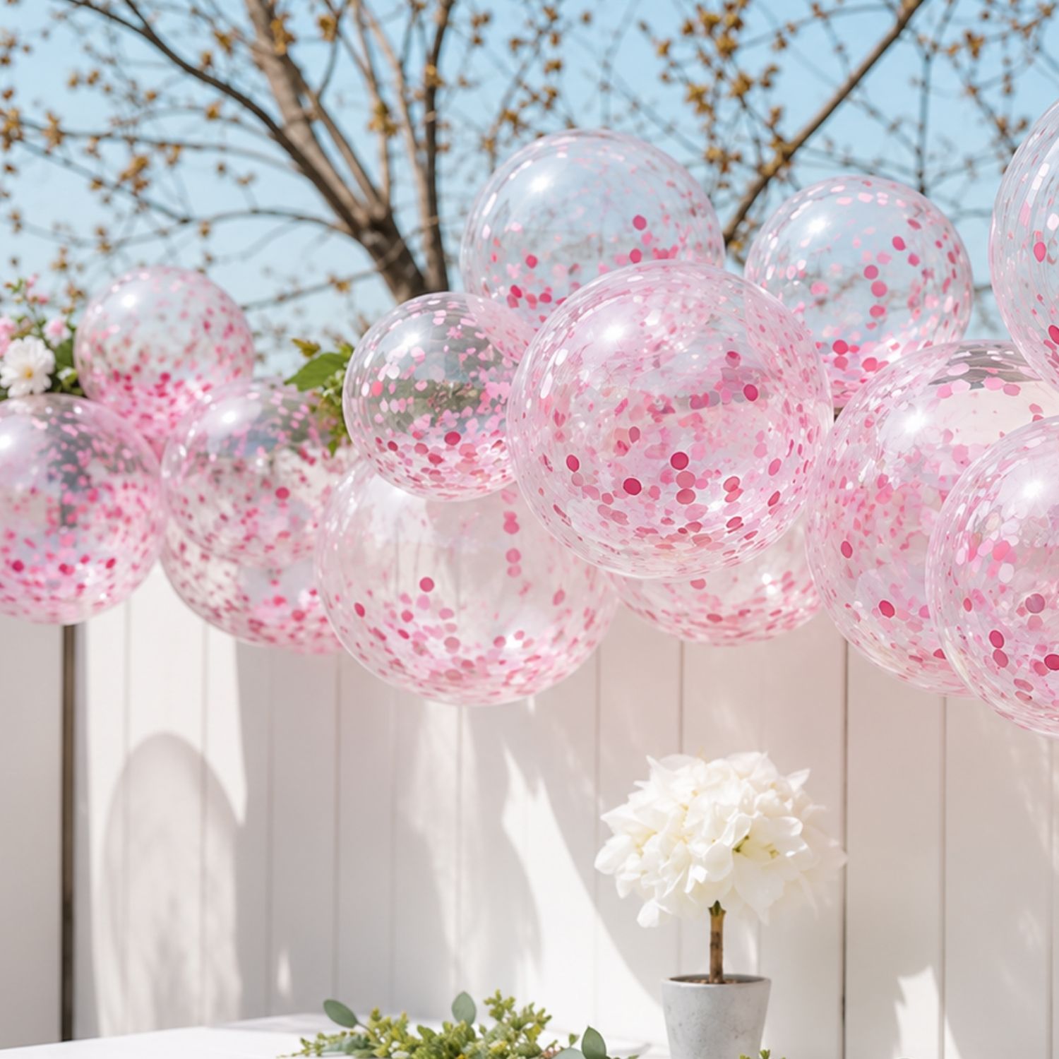 Reusable Linked Inflatable PVC Balloon Garland, Pink Confetti Mix, Air-Filled for Birthdays/Weddings/Baby Showers Front_Flat