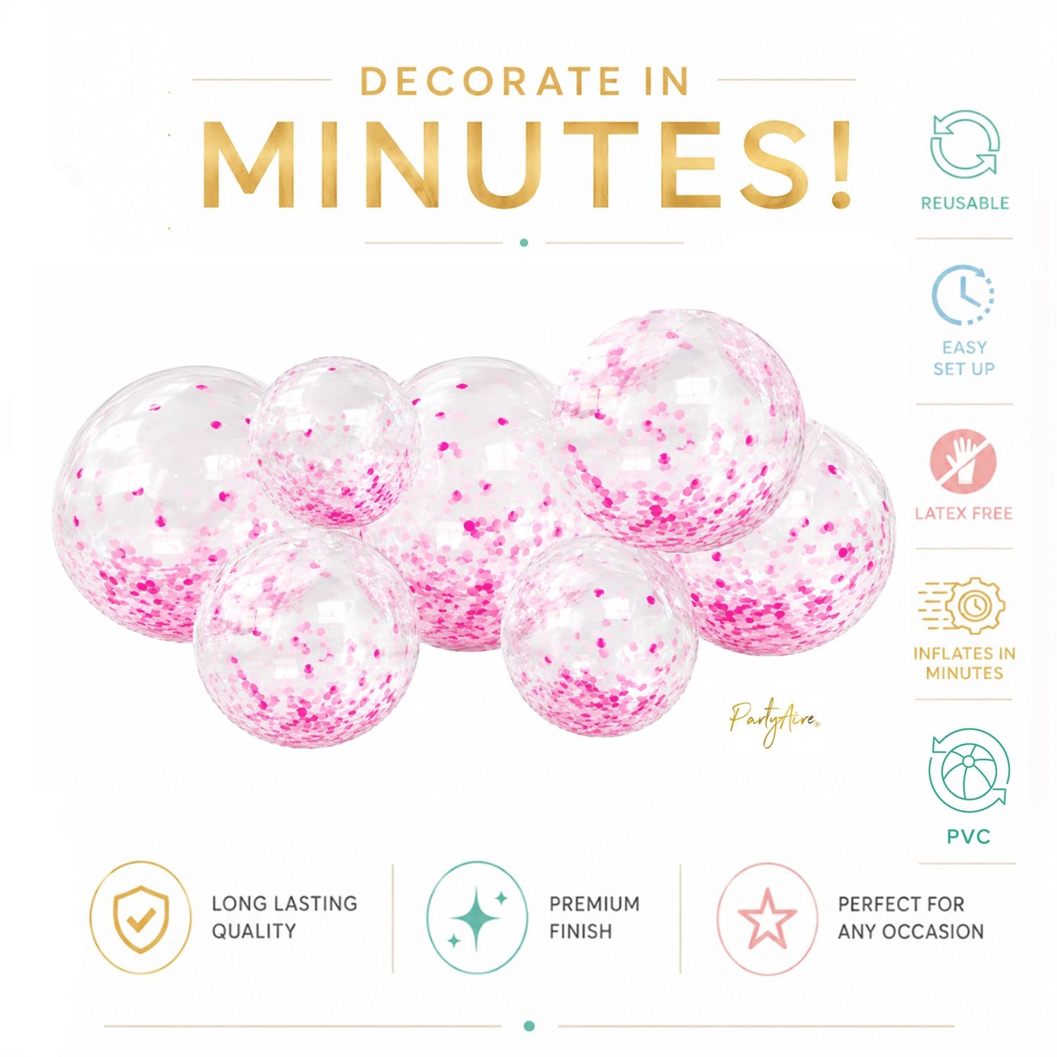 Reusable Linked Inflatable PVC Balloon Garland, Pink Confetti Mix, Air-Filled for Birthdays/Weddings/Baby Showers Front_Flat