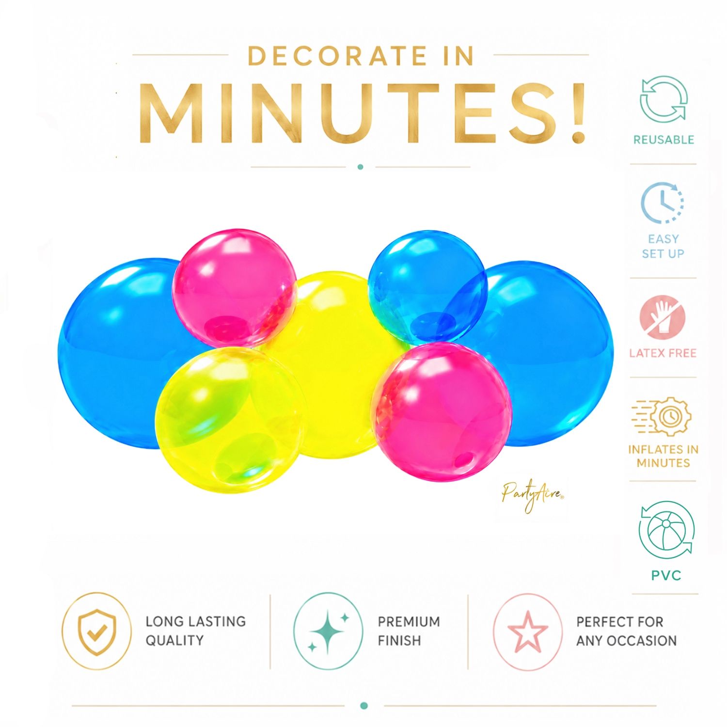 Reusable Linked Inflatable PVC Balloon Garland, Neon Blue Pink Green Mix, Air-Filled for Birthdays/Weddings/Baby Showers Front_Flat