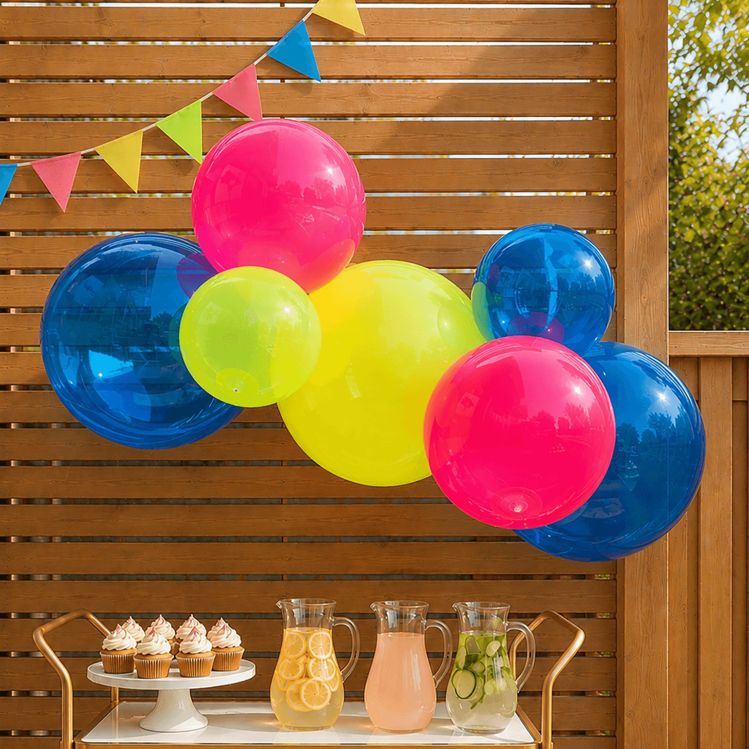Reusable Linked Inflatable PVC Balloon Garland, Neon Blue Pink Green Mix, Air-Filled for Birthdays/Weddings/Baby Showers Front_Flat