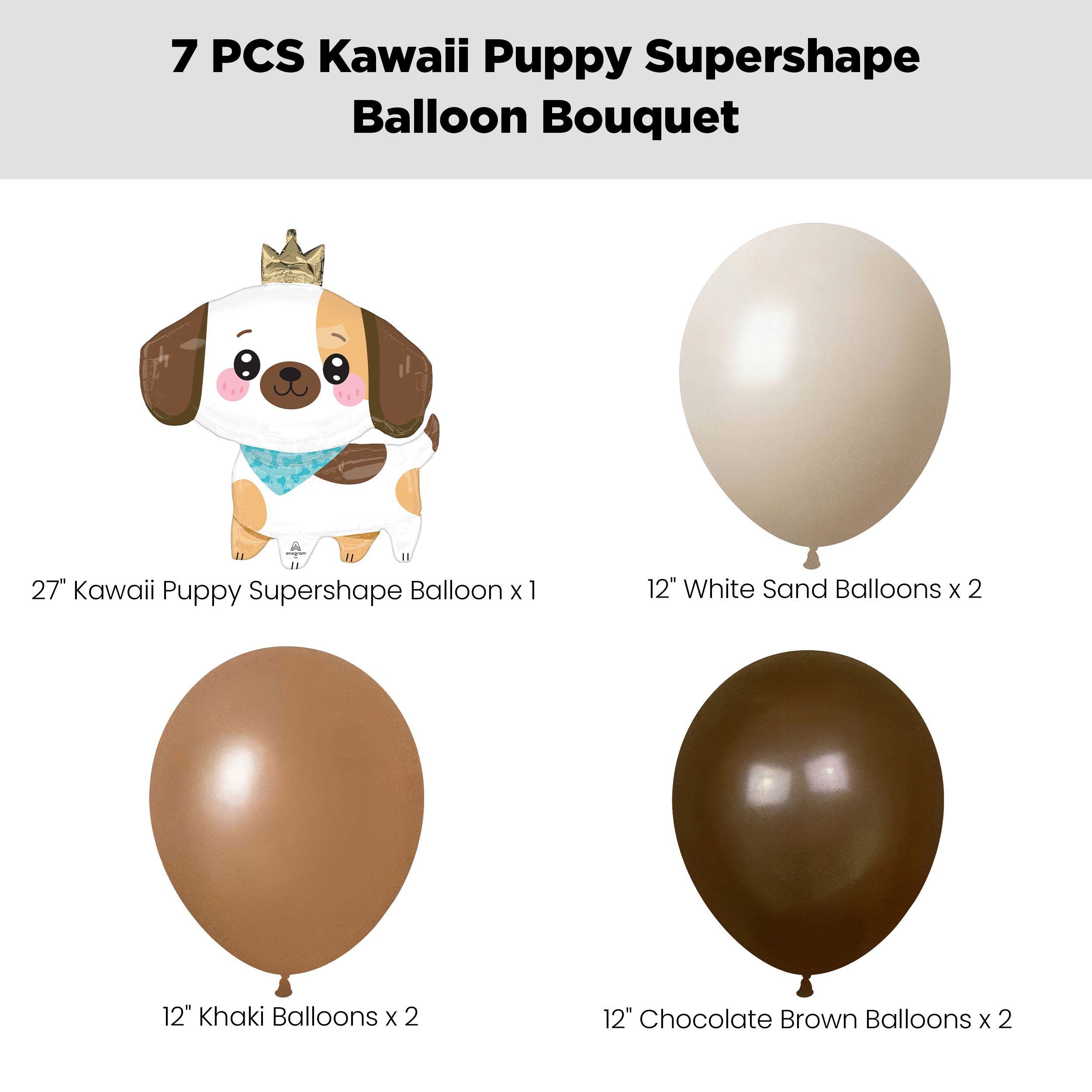 Kawaii Puppy Supershape Balloon Bouquet with Latex Balloons, White Sand/Khaki/Chocolate Brown, 7-pk, Helium Inflation & Ribbon Included for Birthday/Special Occasion Front_Flat