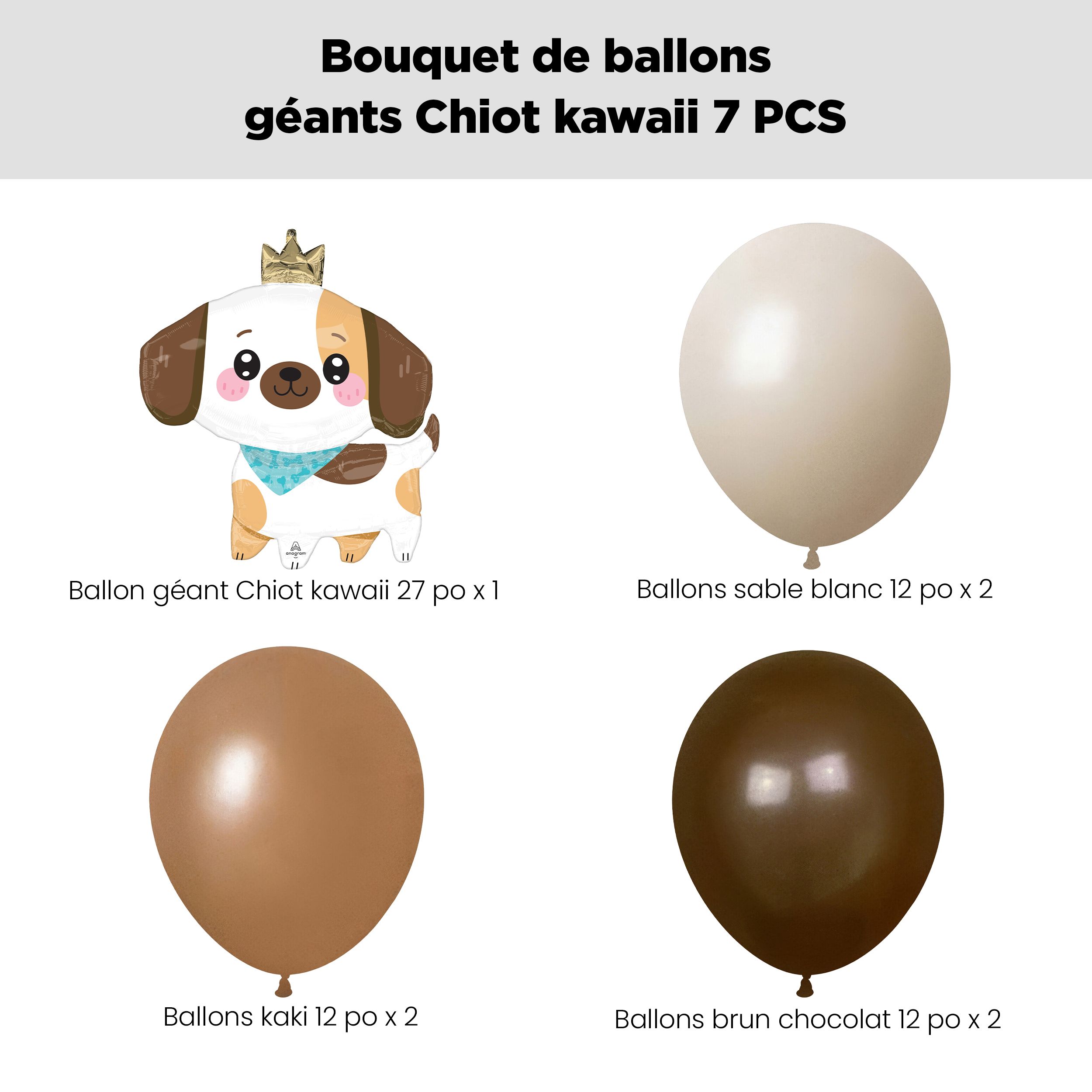 Bouquet de ballons avec ballon Supershape chiot Kawaii et ballons en latex, sable blanc, kaki et brun chocolat, paq. 7, gonflage à l’hélium et ruban compris, pour anniversaire/occasion spéciale Front_Flat