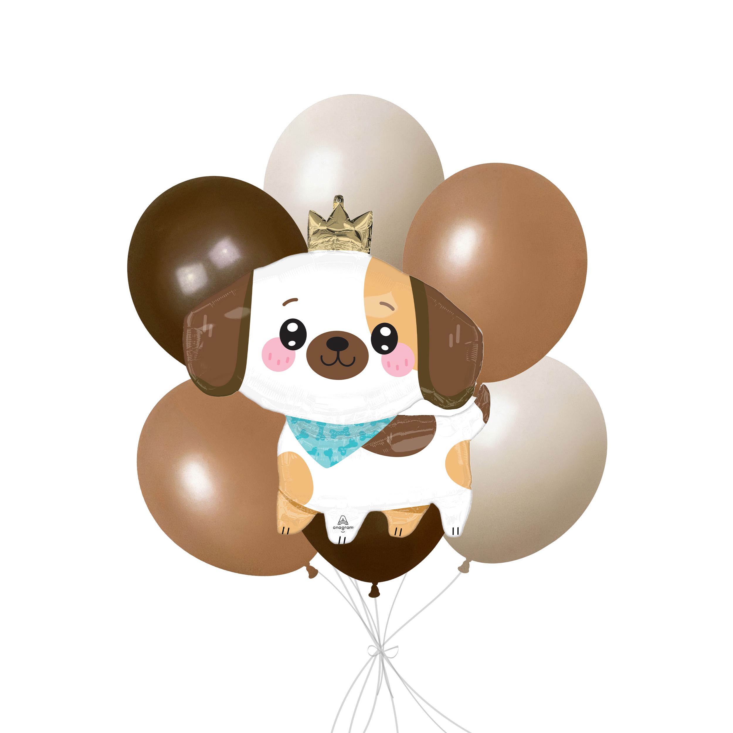 Kawaii Puppy Supershape Balloon Bouquet with Latex Balloons, White Sand/Khaki/Chocolate Brown, 7-pk, Helium Inflation & Ribbon Included for Birthday/Special Occasion Front_Flat