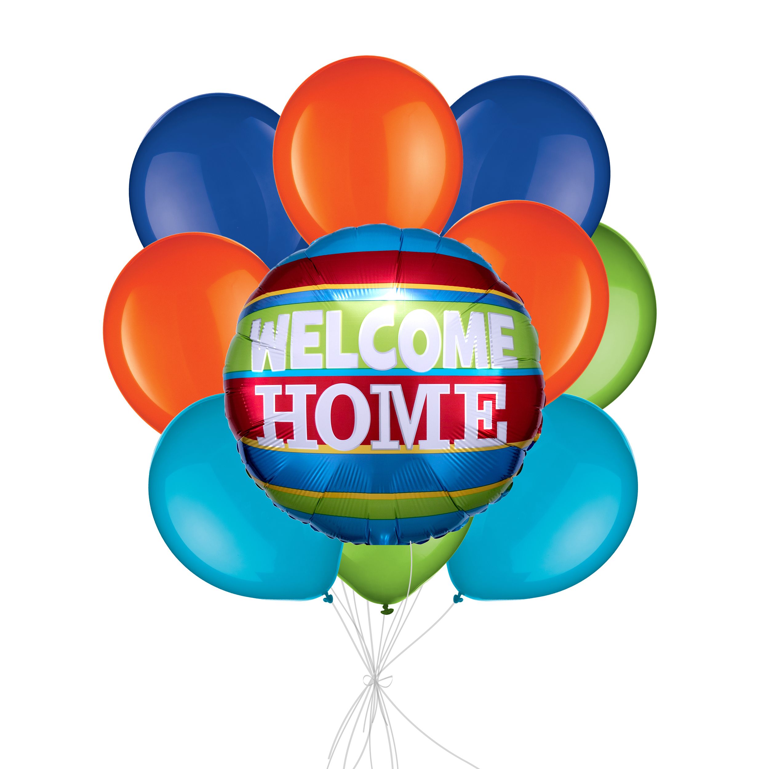 "Welcome Home!" Colourful Stripes Balloon Bouquet with Latex Balloons, Orange/Blue/Kiwi, 10-pk, Helium Inflation & Ribbon Included Front_Flat