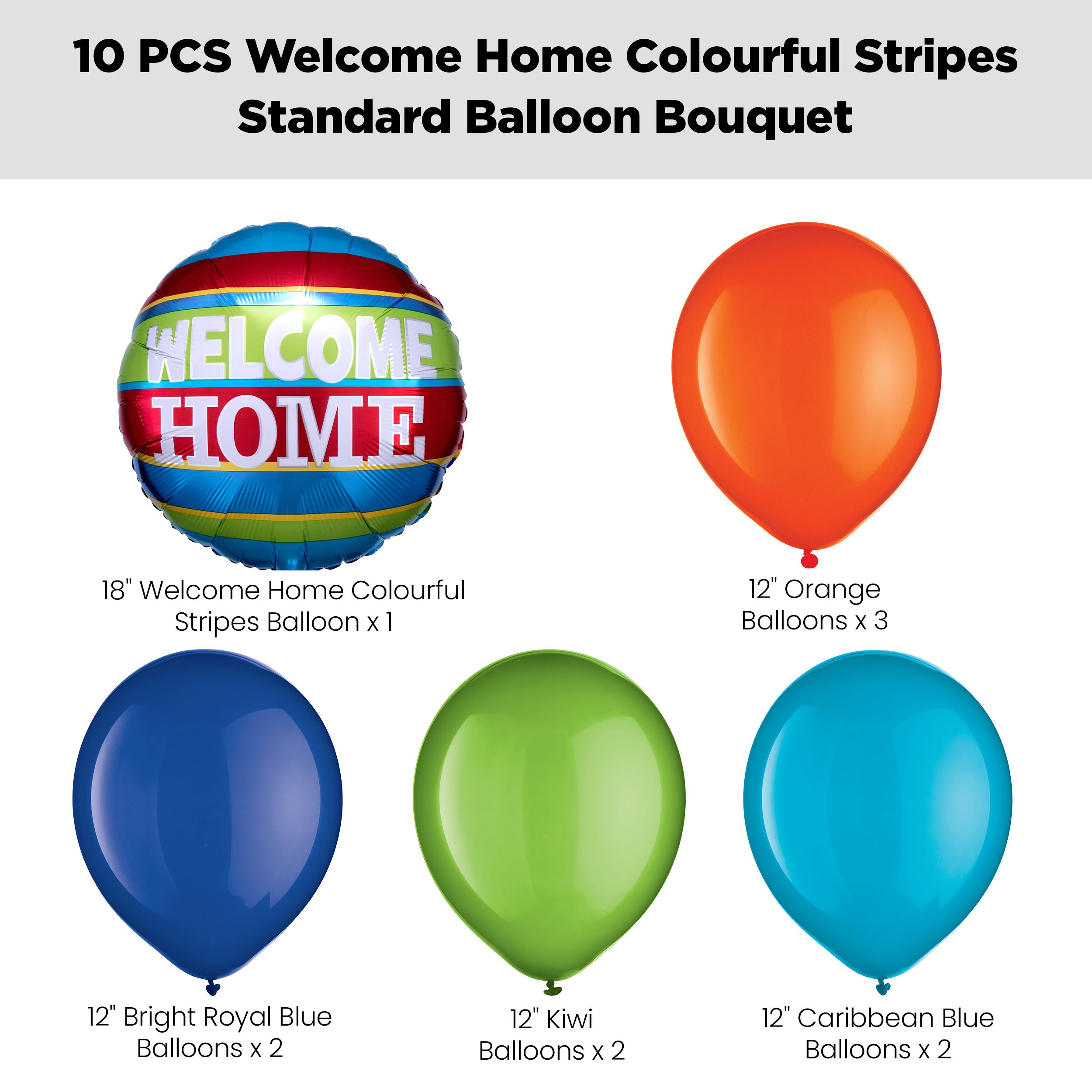 "Welcome Home!" Colourful Stripes Balloon Bouquet with Latex Balloons, Orange/Blue/Kiwi, 10-pk, Helium Inflation & Ribbon Included Front_Flat