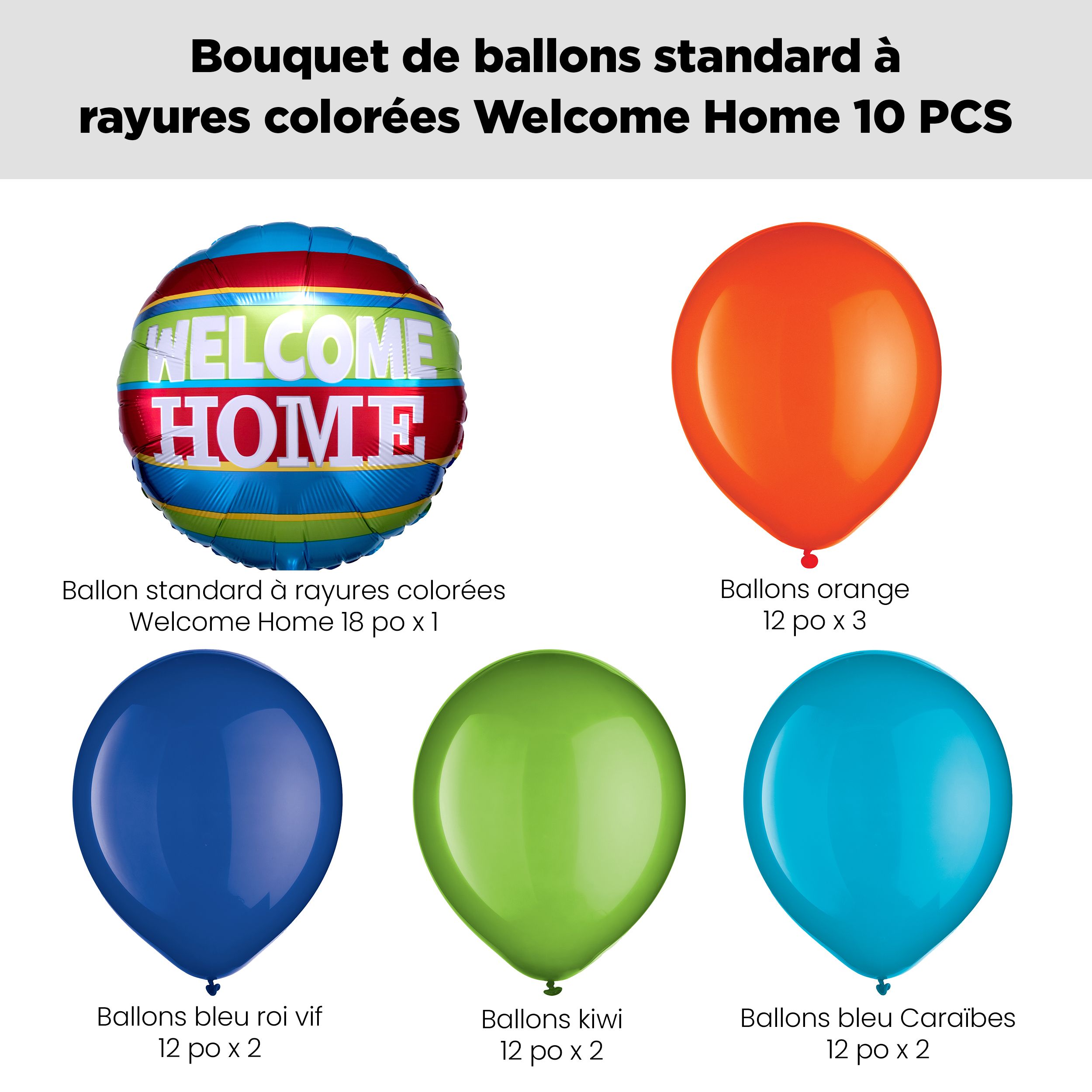 Bouquet de ballons avec ballon à rayures colorées « Welcome Home » et ballons en latex, orange, bleu et kiwi, paq. 10, gonflage à l’hélium et ruban compris Front_Flat