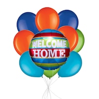 "Welcome Home!" Colourful Stripes Balloon Bouquet with Latex Balloons, Orange/Blue/Kiwi, 10-pk, Helium Inflation & Ribbon Included