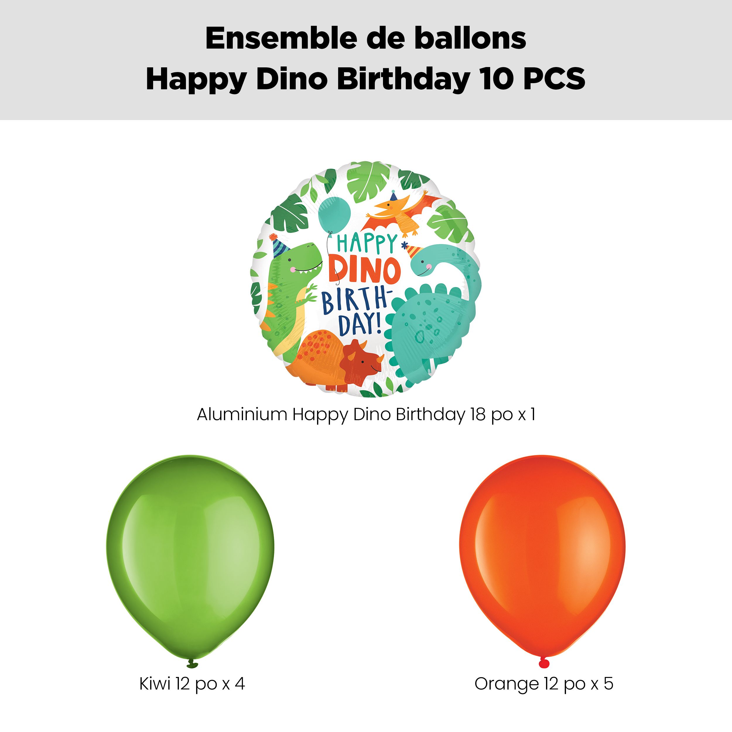 Bouquet de ballon Happy Dino Birthday Dinosaur avec ballons en latex kiwi et orange, 10 pièces, gonflement à l’hélium et ruban inclus, pour fête d’anniversaire d’enfant Front_Flat