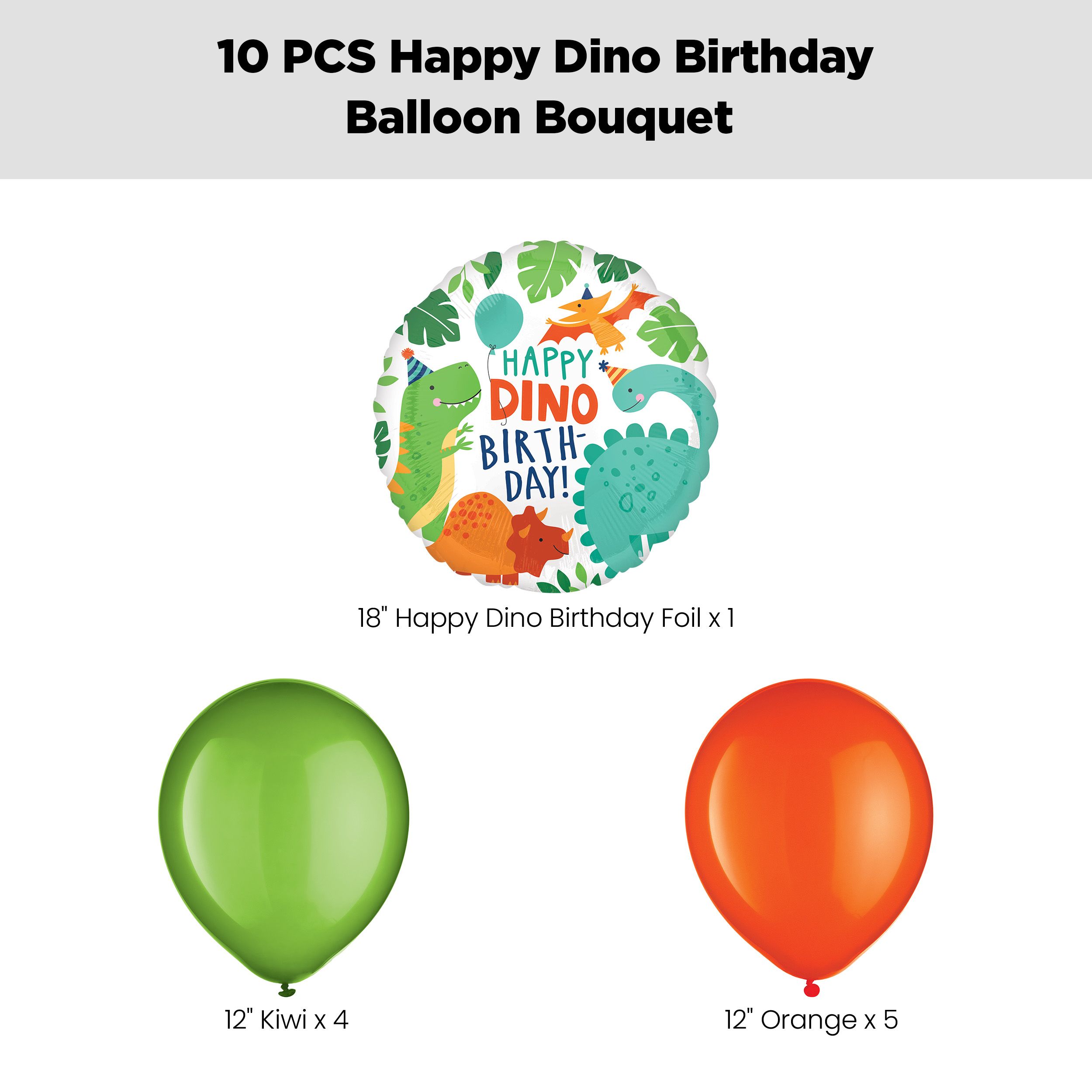 “Happy Dino Birthday Dinosaur” Balloon Bouquet with Latex Balloons, Kiwi/Orange, 10-pk, Helium Inflation & Ribbon Included for Kids’ Birthday Front_Flat
