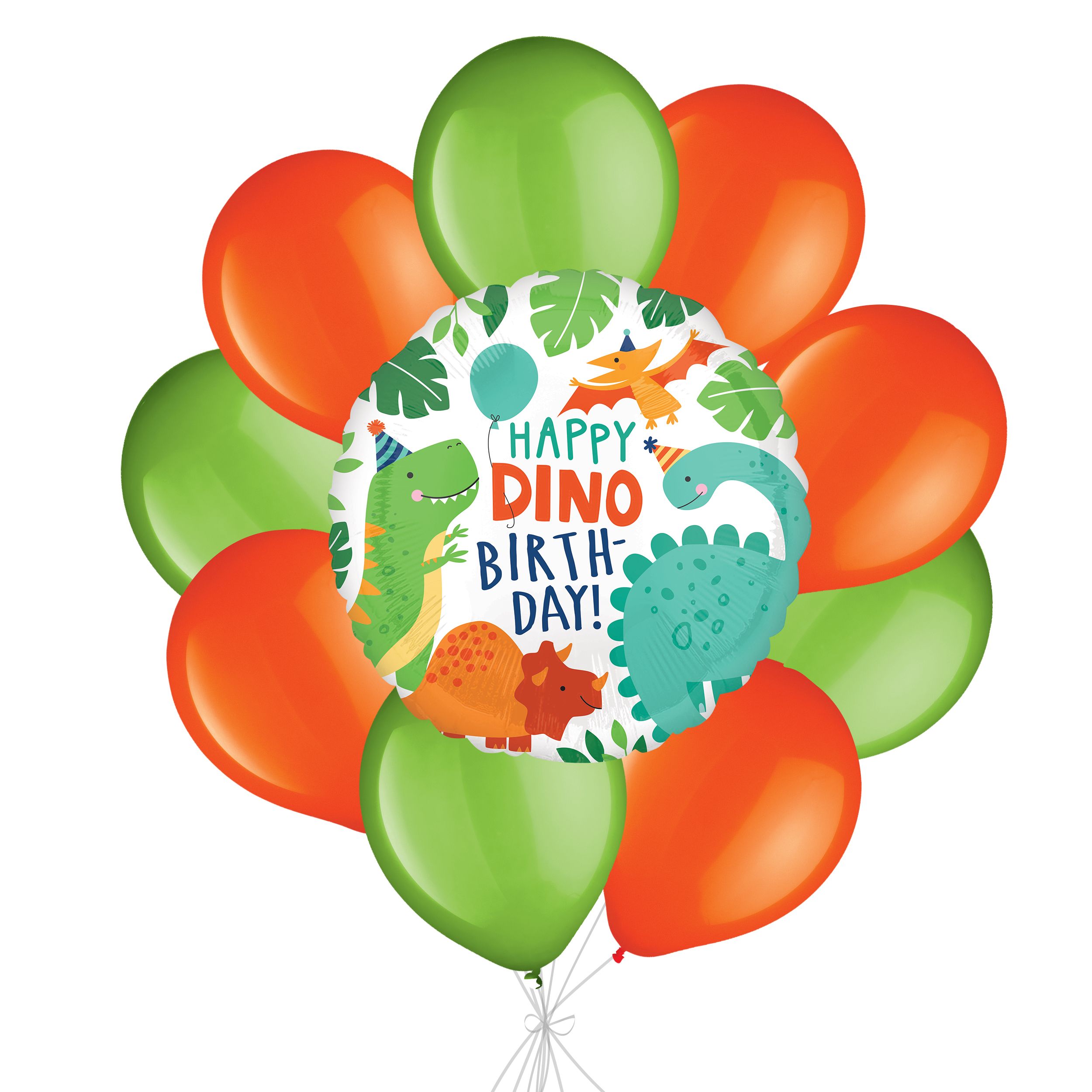“Happy Dino Birthday Dinosaur” Balloon Bouquet with Latex Balloons, Kiwi/Orange, 10-pk, Helium Inflation & Ribbon Included for Kids’ Birthday Front_Flat