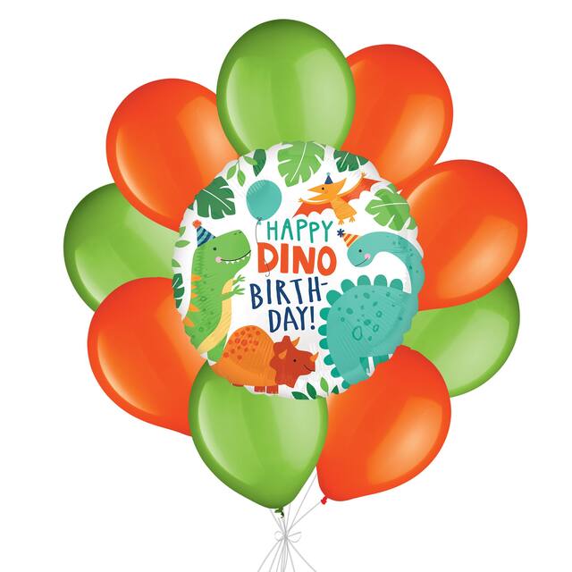 Bouquet de ballon Happy Dino Birthday Dinosaur avec ballons en latex kiwi et orange, 10 pièces, gonflement à l’hélium et ruban inclus, pour fête d’anniversaire d’enfant Front_Flat