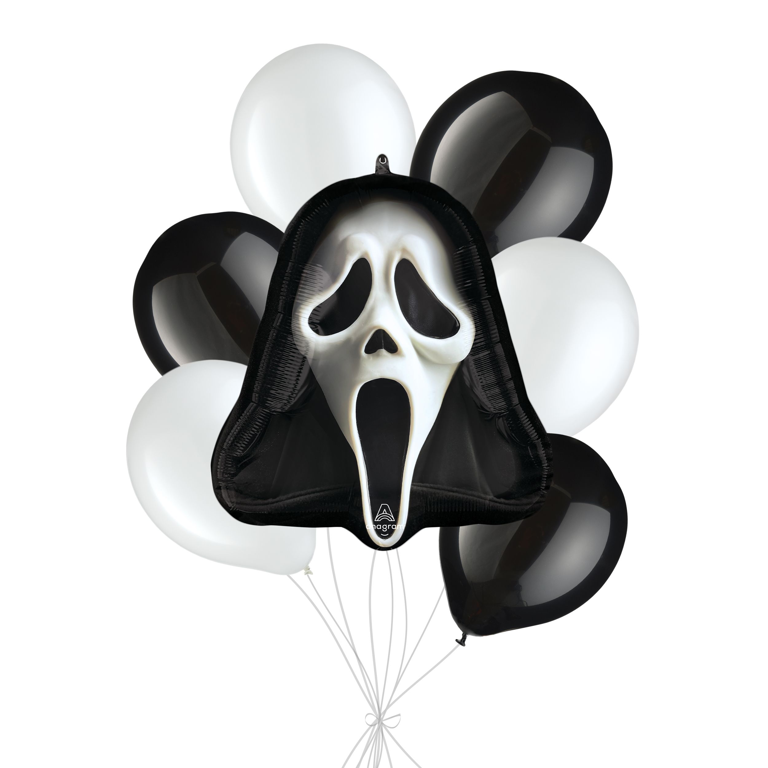Bouquet de ballons de forme extraordinaire Visage de fantôme avec ballons en latex, noir/blanc, paq.&nbsp;7, gonflage à l’hélium et ruban inclus pour l’Halloween Front_Flat