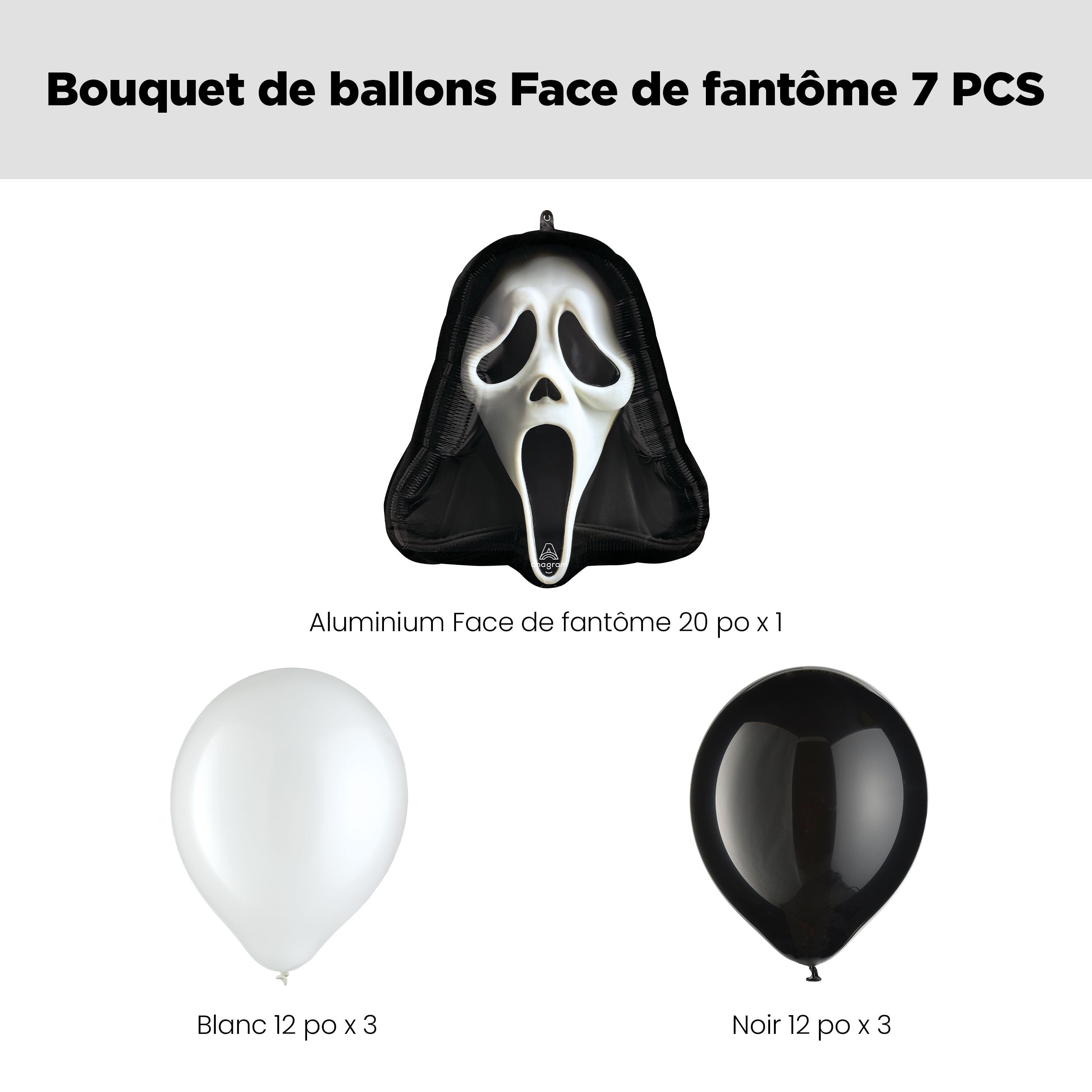 Bouquet de ballons de forme extraordinaire Visage de fantôme avec ballons en latex, noir/blanc, paq.&nbsp;7, gonflage à l’hélium et ruban inclus pour l’Halloween Front_Flat
