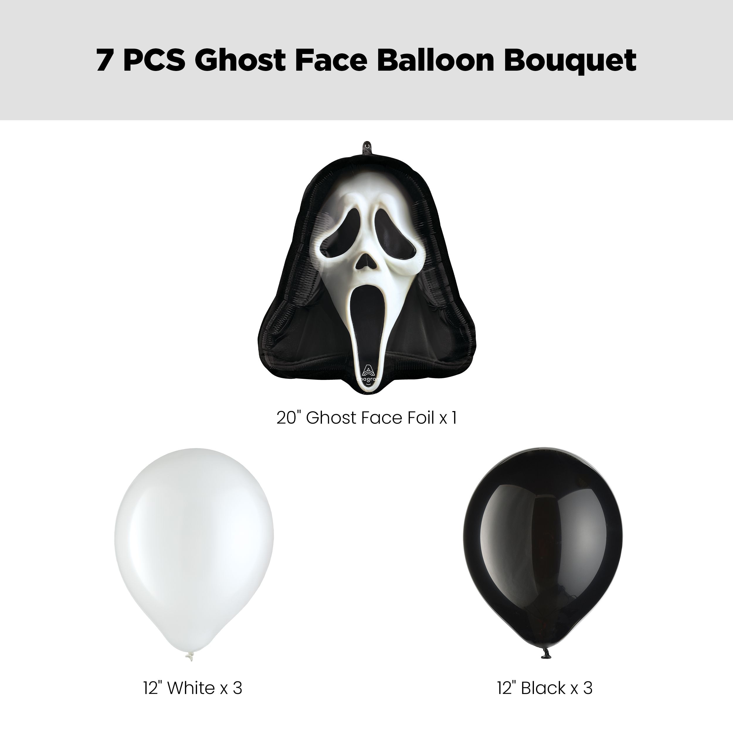 Ghost Face Supershape Balloon Bouquet with Latex Balloons, Black/White, 7-pk, Helium Inflation & Ribbon Included for Halloween Front_Flat
