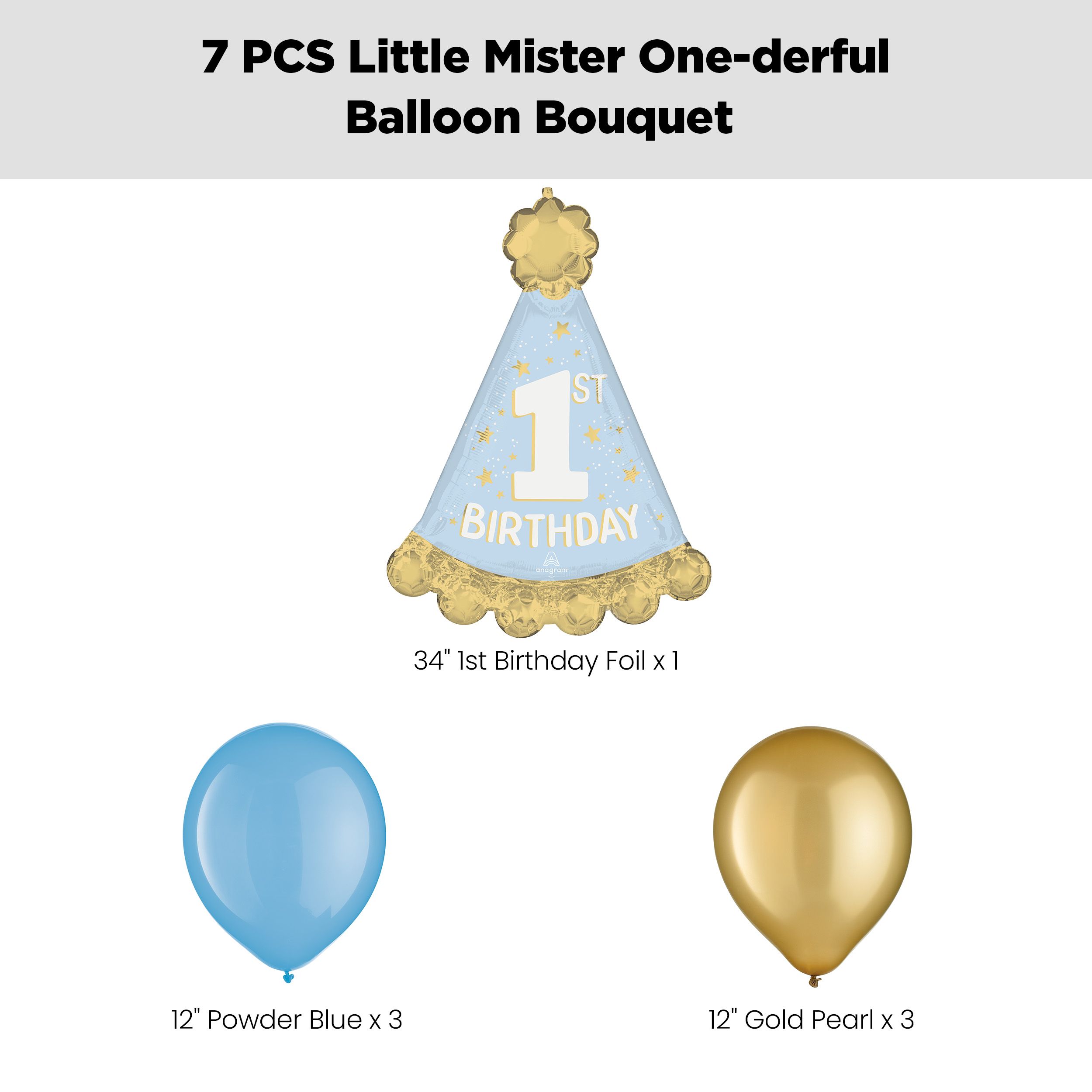 "1st Birthday" Little Mister One-derful Supershape Balloon Bouquet with Latex Balloons, Powder Blue/Gold, 7-pk, Helium Inflation & Ribbon Included for Kids’ Birthday Front_Flat