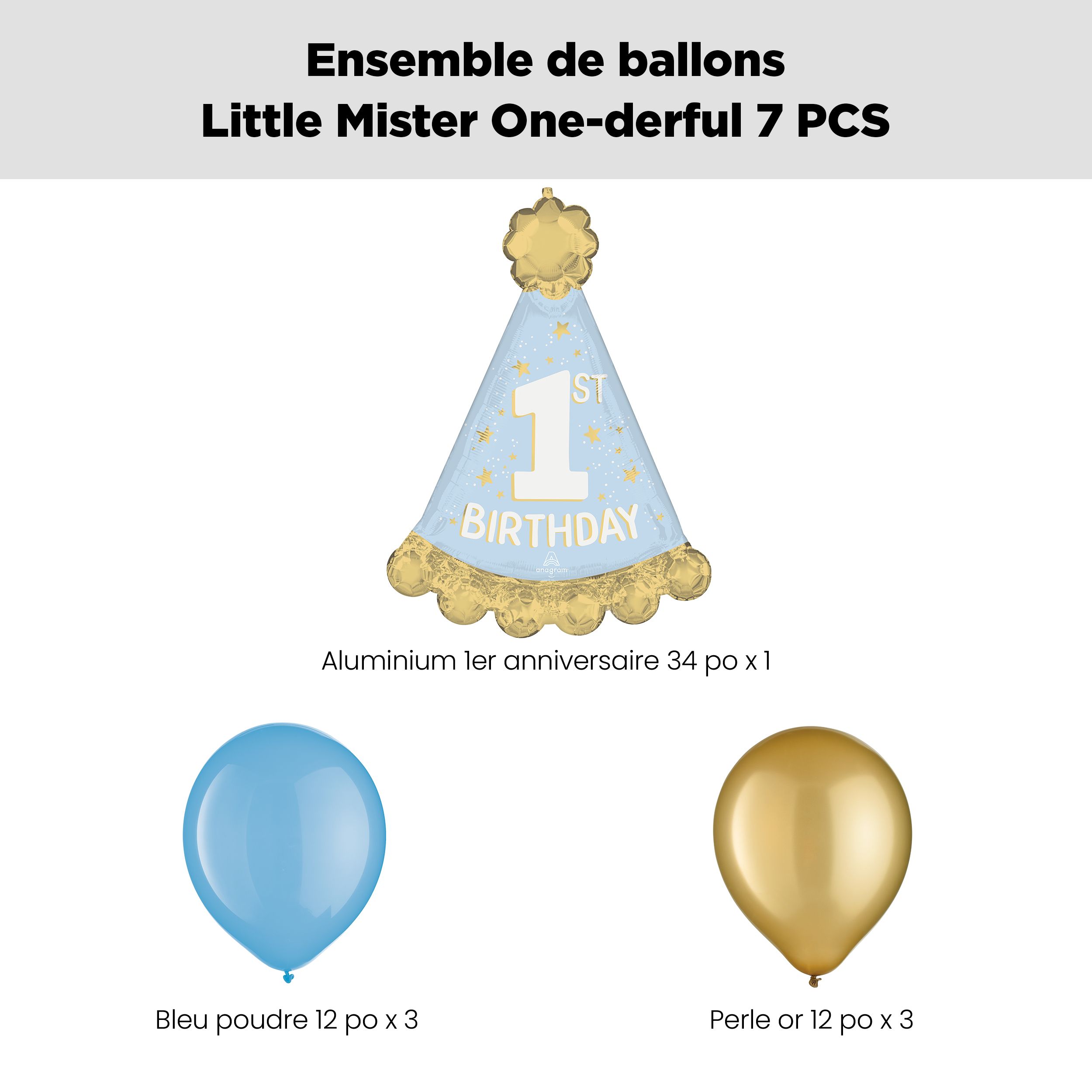Bouquet de ballon géant Little Mister One-derful 1st Birthday avec ballons en latex bleu poudre et dorés, 7 pièces, gonflement à l'hélium et ruban inclus, pour fête d’anniversaire d’enfant Front_Flat