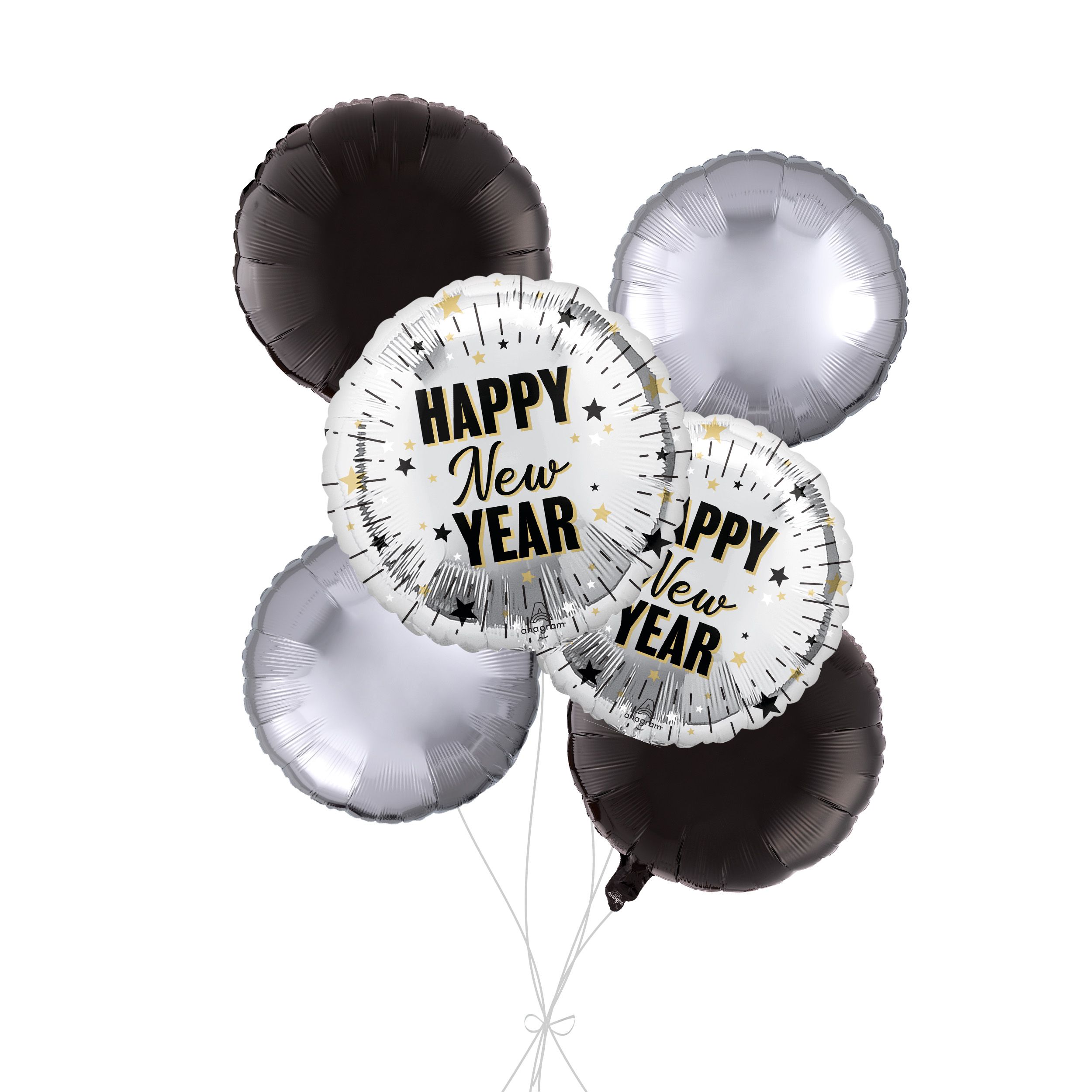 "Happy New Year" Round Satin Foil Balloon Bouquet with Foil Balloons, Black/Silver, 6-pk, Helium Inflation & Ribbon Included for New Year's Eve Front_Flat