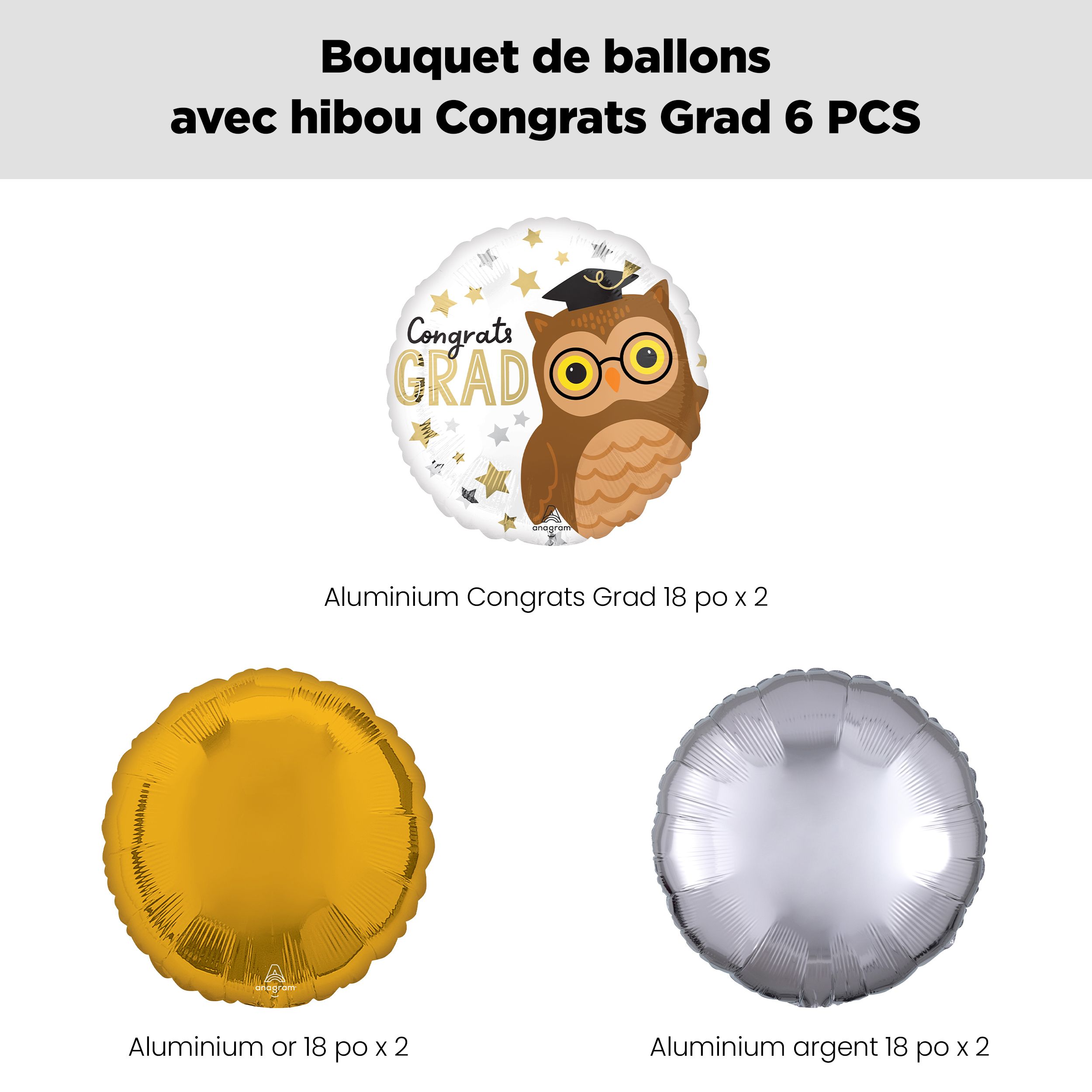 Bouquet de ballons «&nbsp;Congrats Grad!&nbsp;» avec motif hibou avec ballons ronds en aluminium dorés et argentés, paq. 6, gonflage à l’hélium et ruban inclus Front_Flat