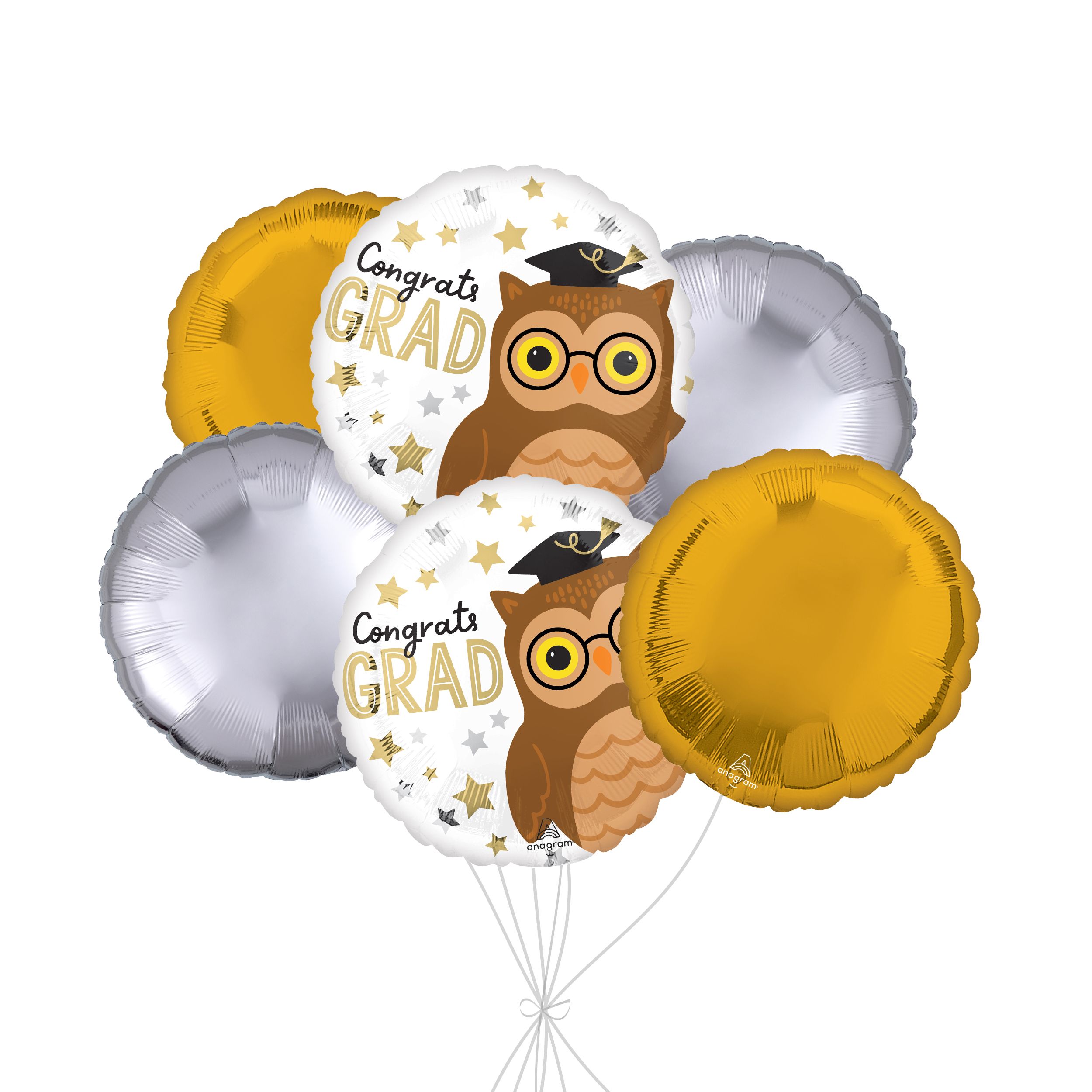 “Congrats Grad” Owl Balloon Bouquet with Round Foil Balloons, Gold/Silver, 6-pk, Helium Inflation & Ribbon Included Front_Flat