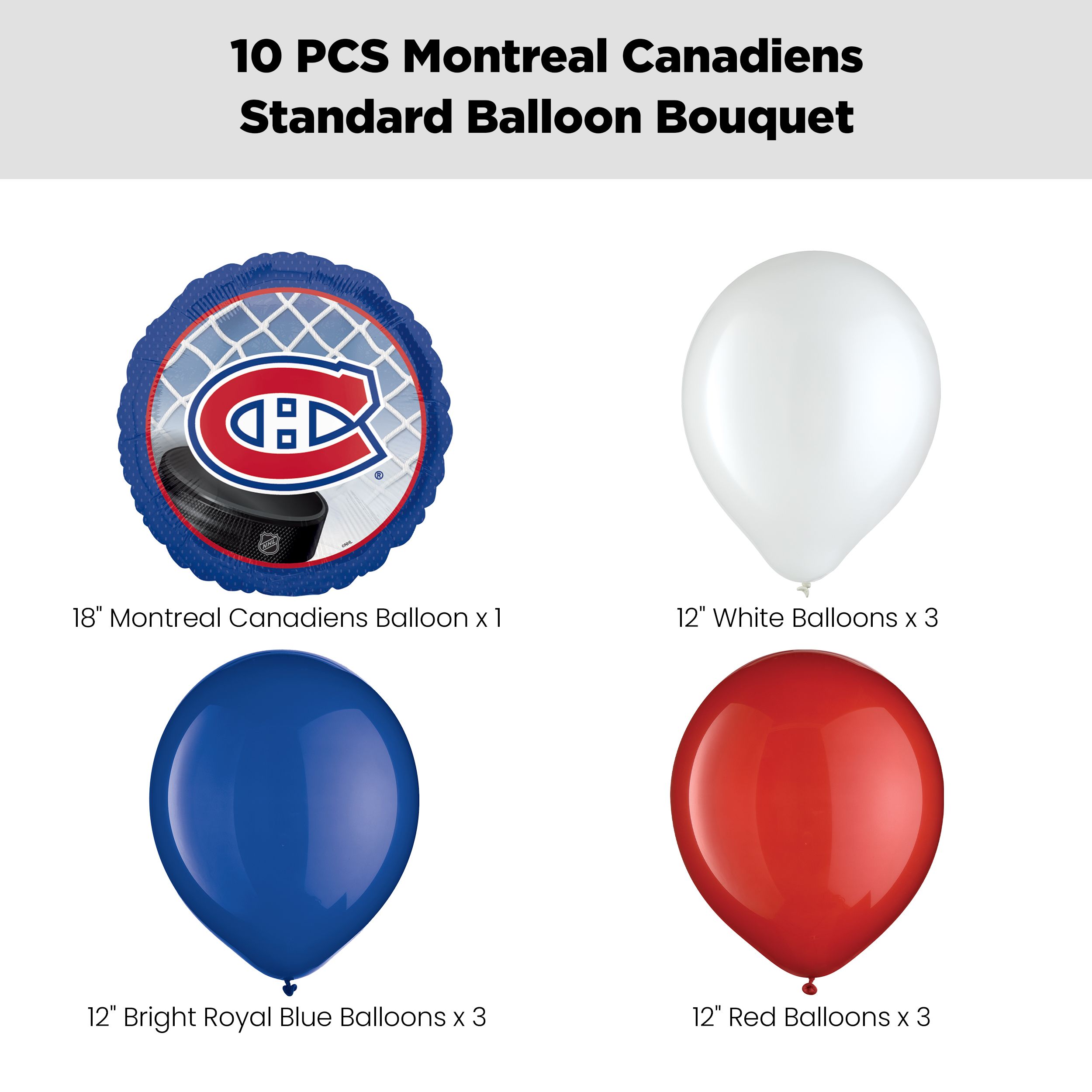 Montreal Canadiens Balloon Bouquet with Latex Balloons, White/Red/Royal Blue, 10-pk, Helium Inflation & Ribbon Included Front_Flat