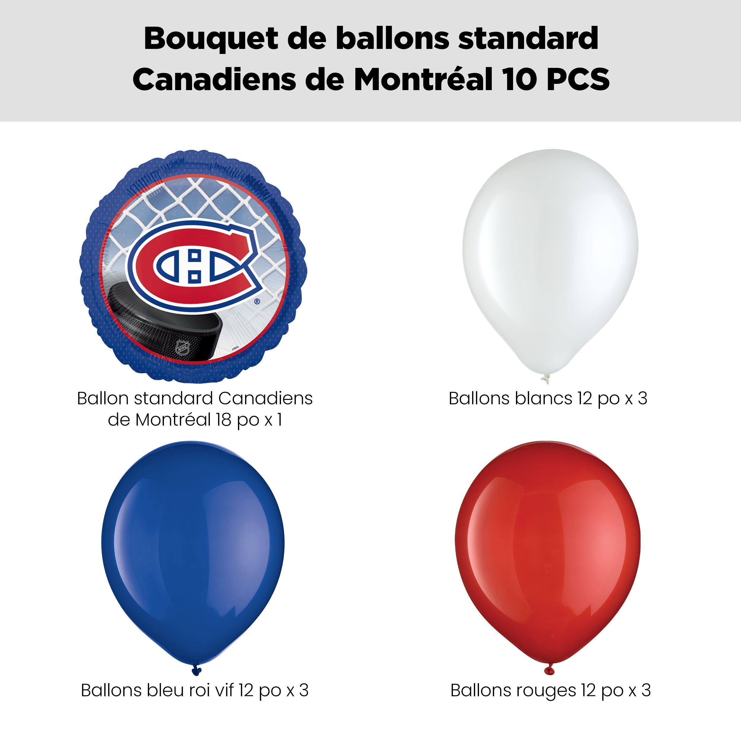 Bouquet de ballons des Canadiens de Montréal avec ballons en latex, bleu royal, blanc, rouge, paq. 10, gonflage à l’hélium et ruban compris Front_Flat