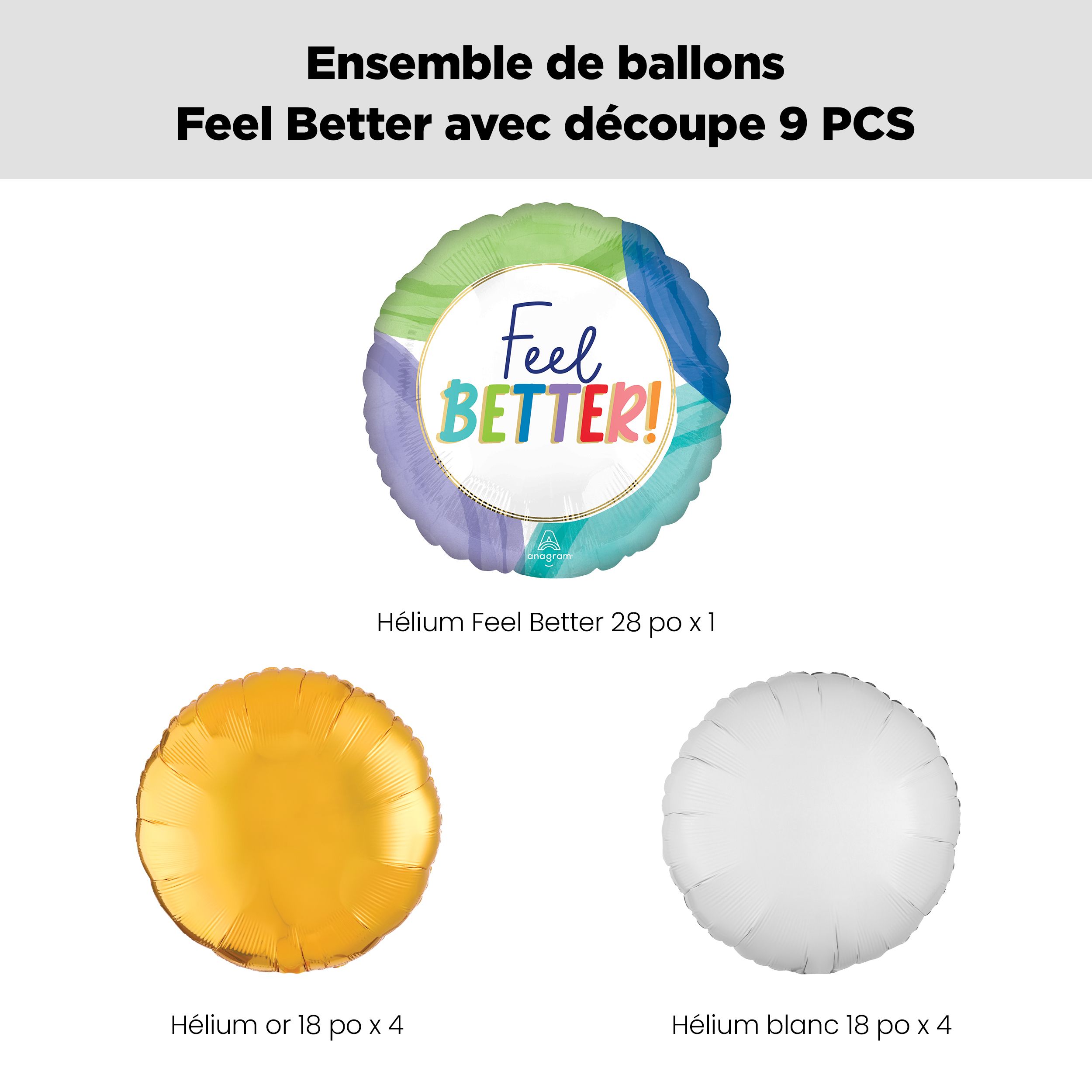 Bouquet de ballons ronds géants métalliques satinés Feel Better avec ballons métalliques, multicolore, paq. 9, gonflage à l’hélium et ruban inclus Front_Flat