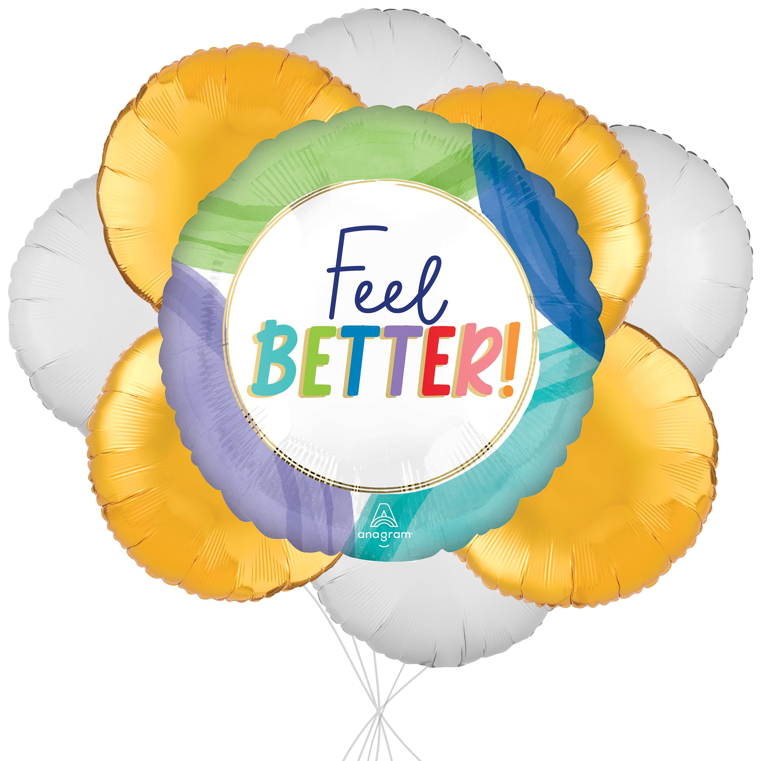 Bouquet de ballons ronds géants métalliques satinés Feel Better avec ballons métalliques, multicolore, paq. 9, gonflage à l’hélium et ruban inclus Front_Flat