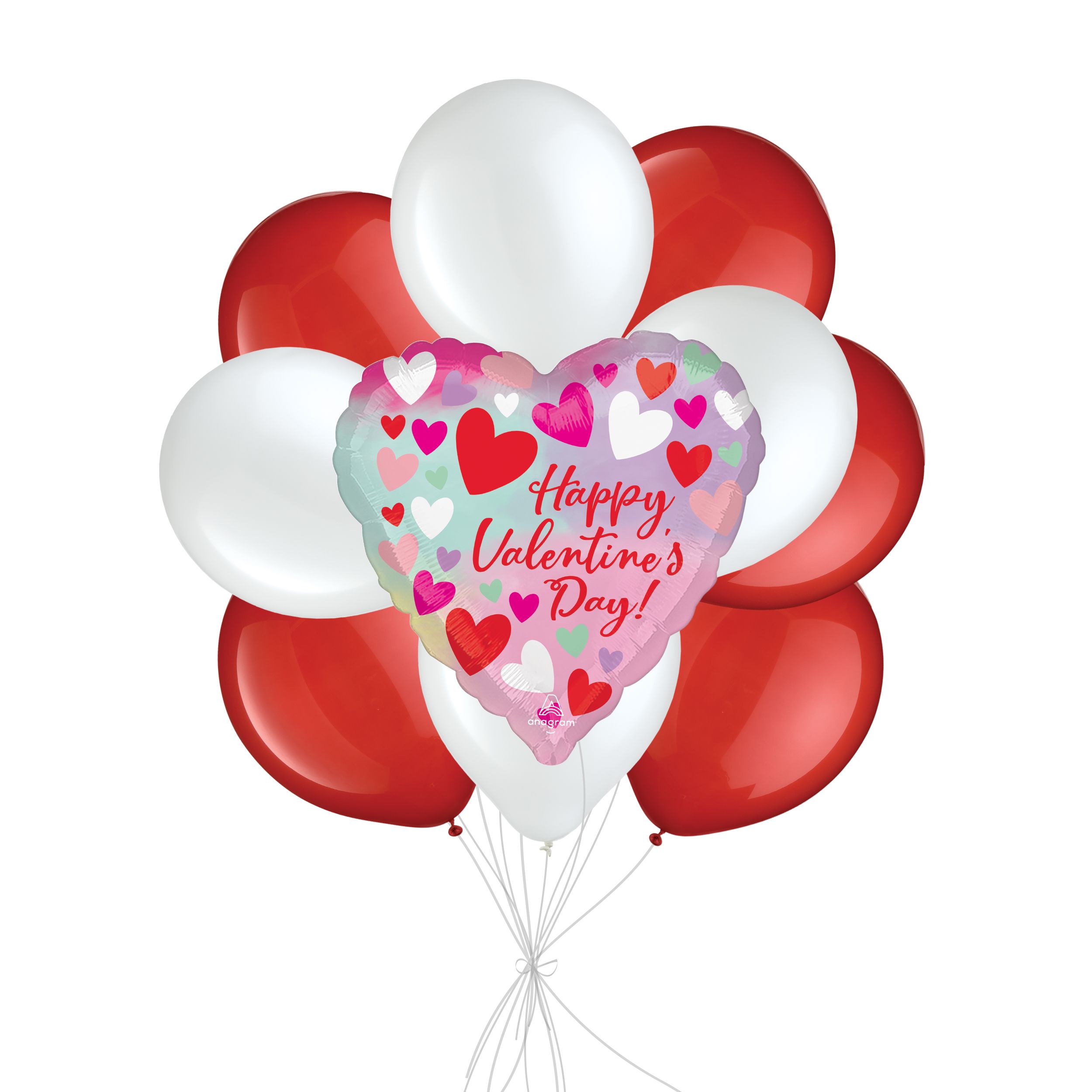 “Happy Valentine's Day!” Pastel Heart Balloon Bouquet with Latex Balloons, Red/White, 10-pk, Helium Inflation & Ribbon Included Front_Flat
