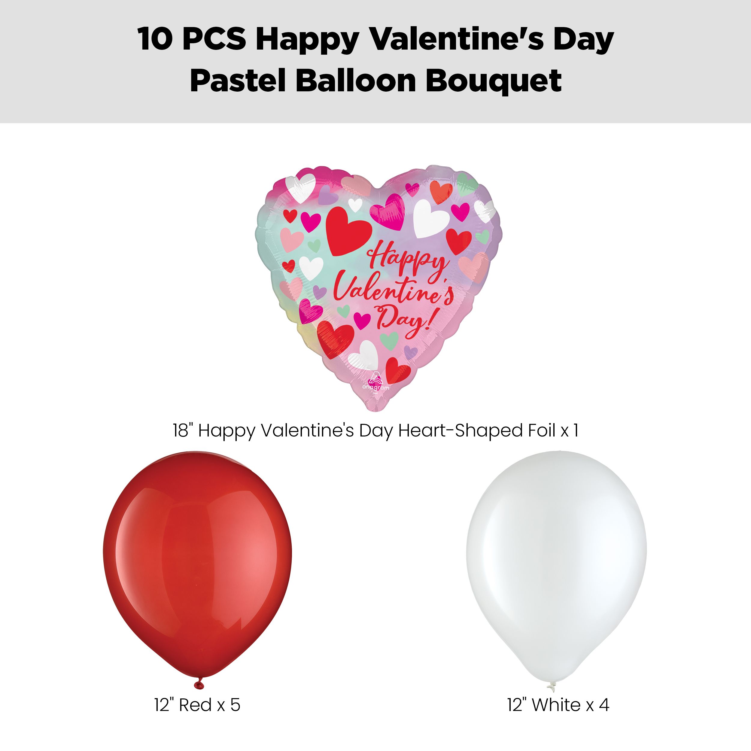 “Happy Valentine's Day!” Pastel Heart Balloon Bouquet with Latex Balloons, Red/White, 10-pk, Helium Inflation & Ribbon Included Front_Flat