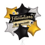 Bouquet de ballons scintillants «&nbsp;Félicitations Diplôme!&nbsp;» «&nbsp;Congratulations Grad!&nbsp;» avec ballons étoiles en aluminium noirs, dorés et argentés, paq. 7, gonflage à l’hélium et ruban inclus Front_Flat