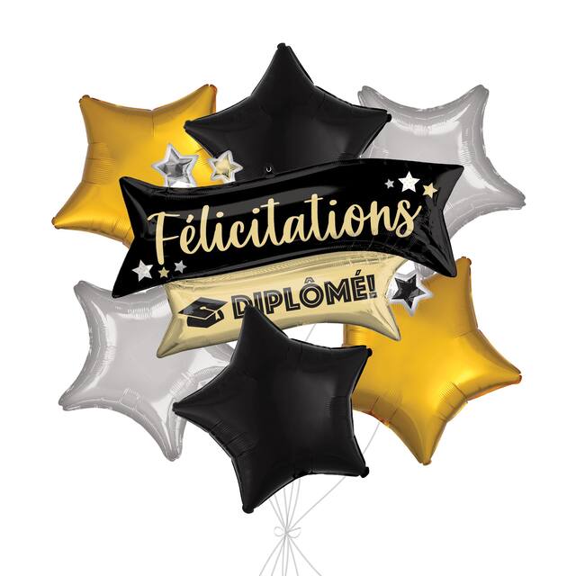 “Félicitations Diplôme!” French Congratulations Grad! Supershape Balloon Bouquet with Star Foil Balloons, Black/Gold/Silver, 7-pk, Helium Inflation & Ribbon Included Front_Flat