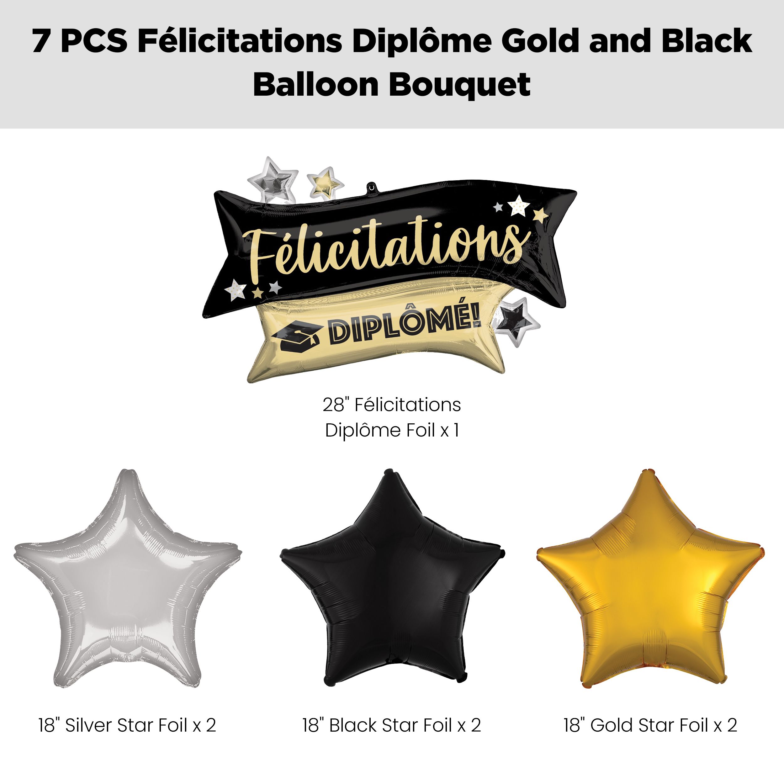 “Félicitations Diplôme!” French Congratulations Grad! Supershape Balloon Bouquet with Star Foil Balloons, Black/Gold/Silver, 7-pk, Helium Inflation & Ribbon Included Front_Flat