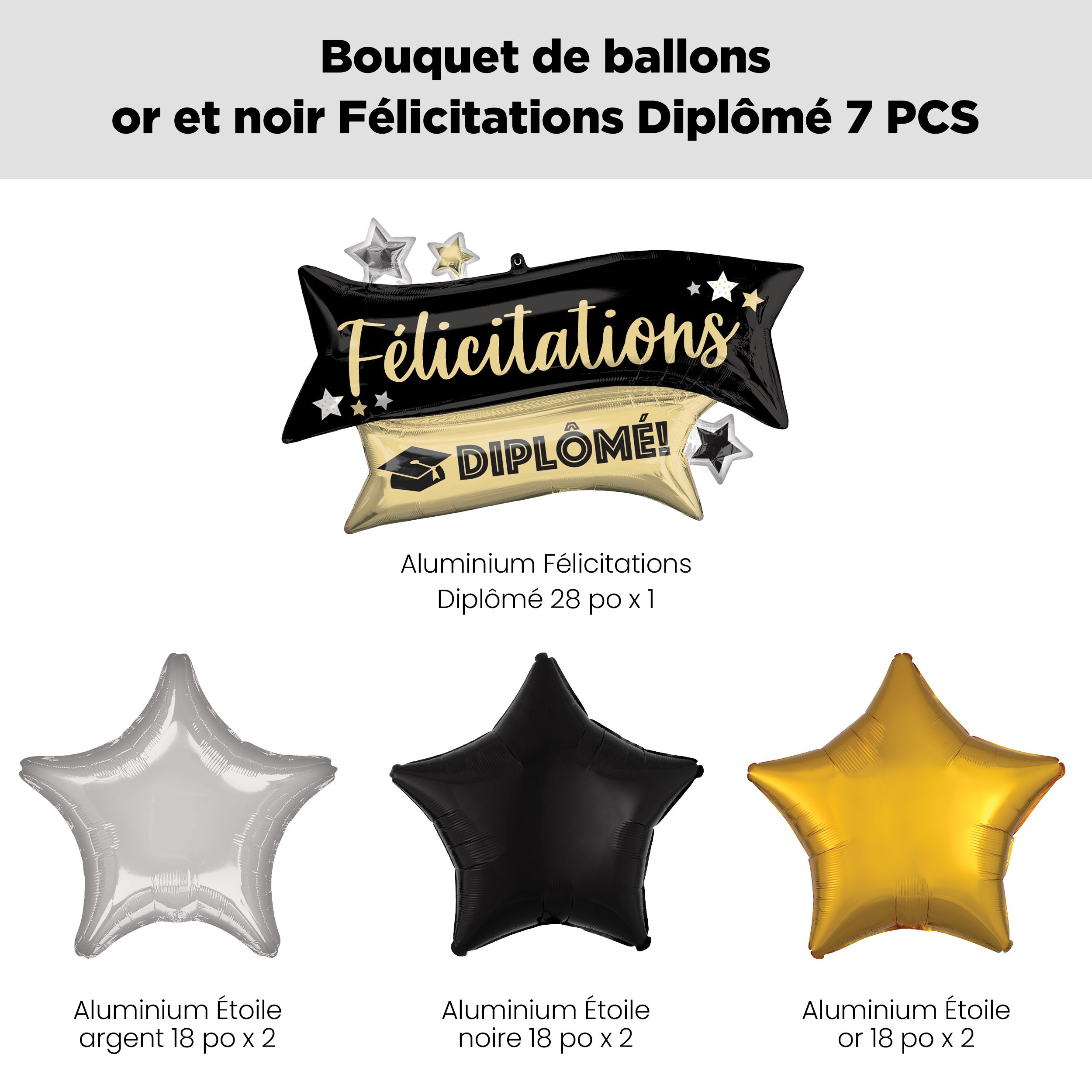 Bouquet de ballons scintillants «&nbsp;Félicitations Diplôme!&nbsp;» «&nbsp;Congratulations Grad!&nbsp;» avec ballons étoiles en aluminium noirs, dorés et argentés, paq. 7, gonflage à l’hélium et ruban inclus Front_Flat