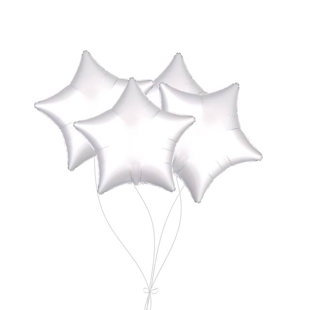 Star Foil Balloon Bouquet, White, 4-pk, Helium Inflation & Ribbon Included for Birthday/Special Occasion Front_Flat