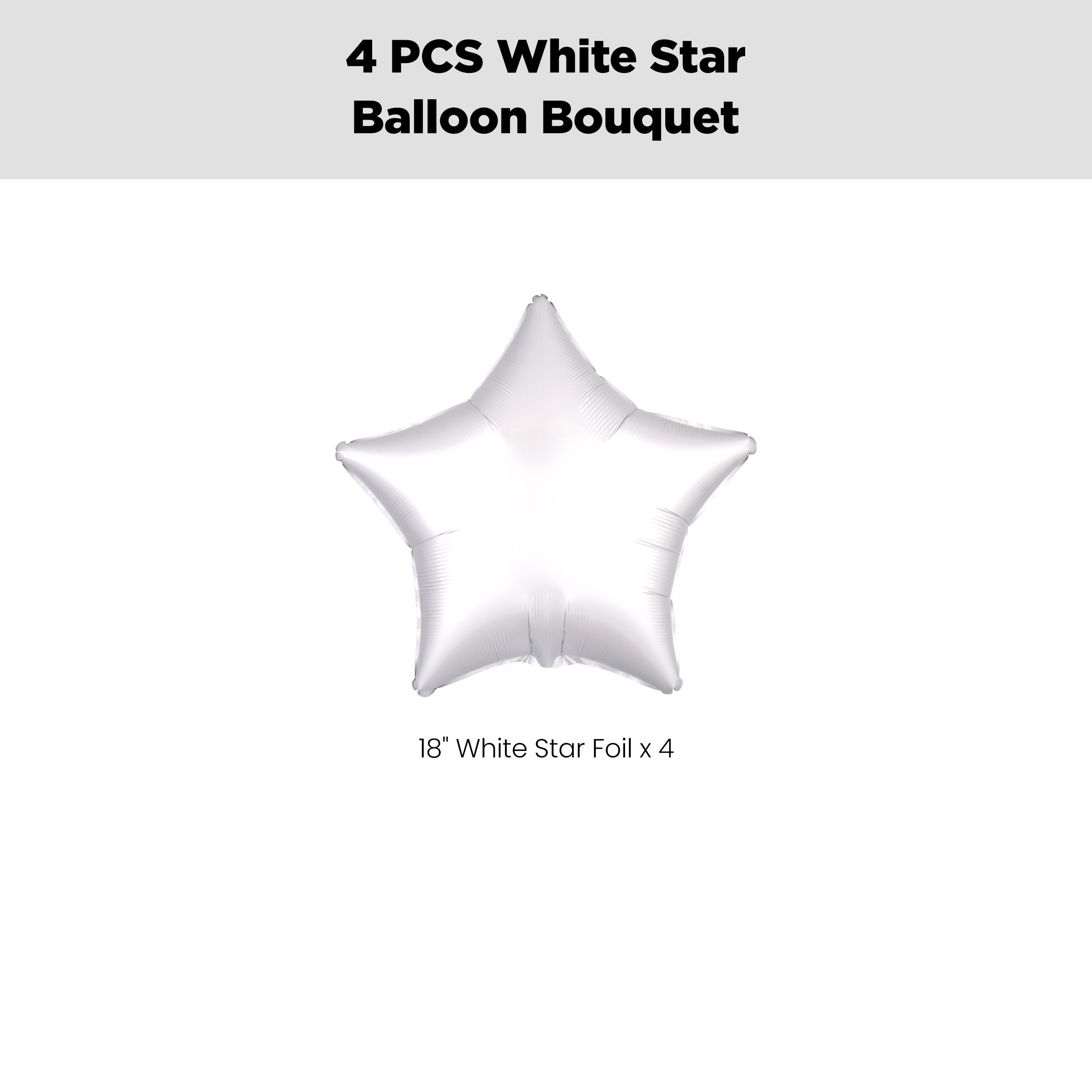 Star Foil Balloon Bouquet, White, 4-pk, Helium Inflation & Ribbon Included for Birthday/Special Occasion Front_Flat