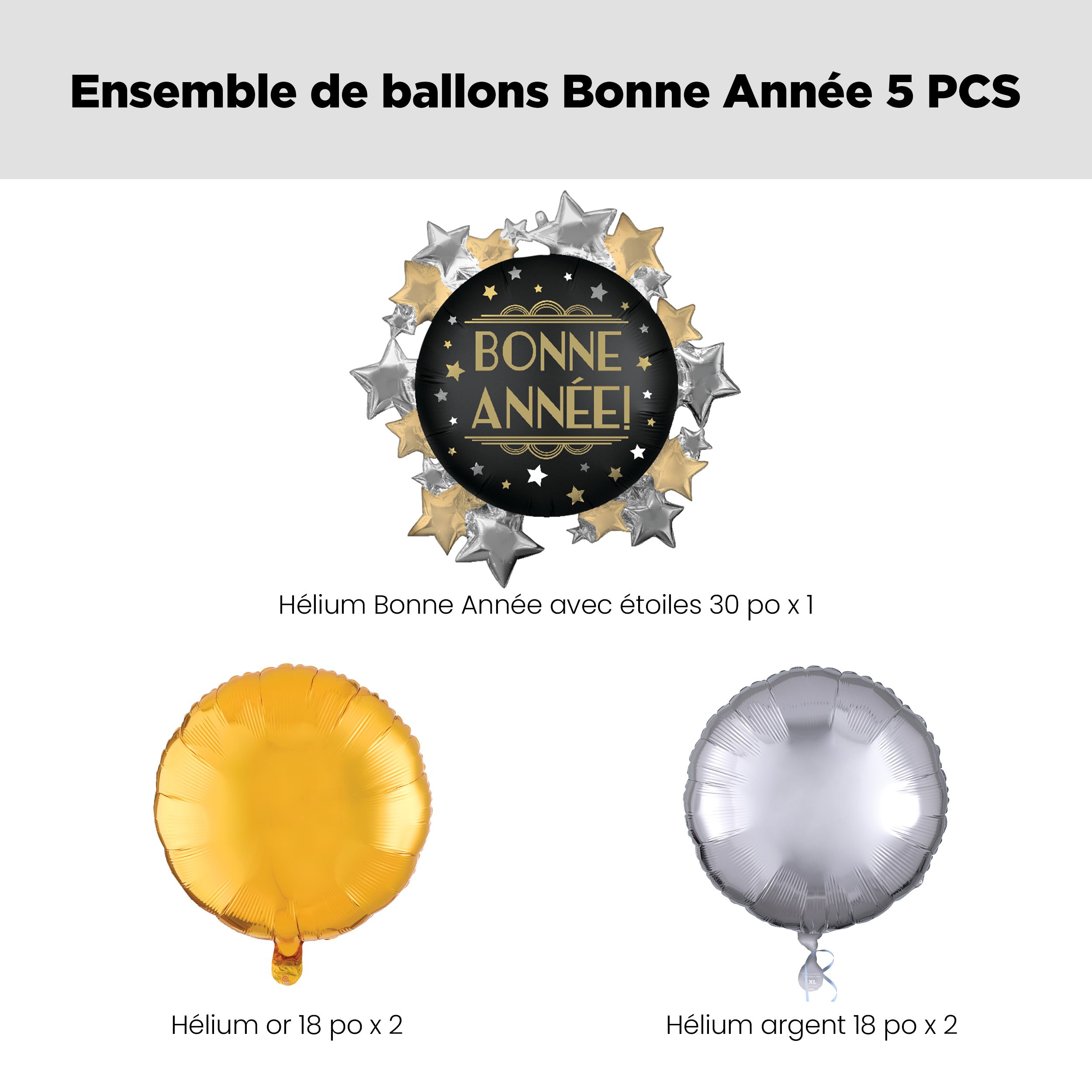 Bouquet de ballons géants métalliques satinés ronds et étoilés Bonne année avec ballons métalliques, doré/argenté, paq. 5, gonflage à l’hélium et ruban inclus Front_Flat