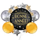 Bouquet de ballons géants métalliques satinés ronds et étoilés Bonne année avec ballons métalliques, doré/argenté, paq. 5, gonflage à l’hélium et ruban inclus Front_Flat