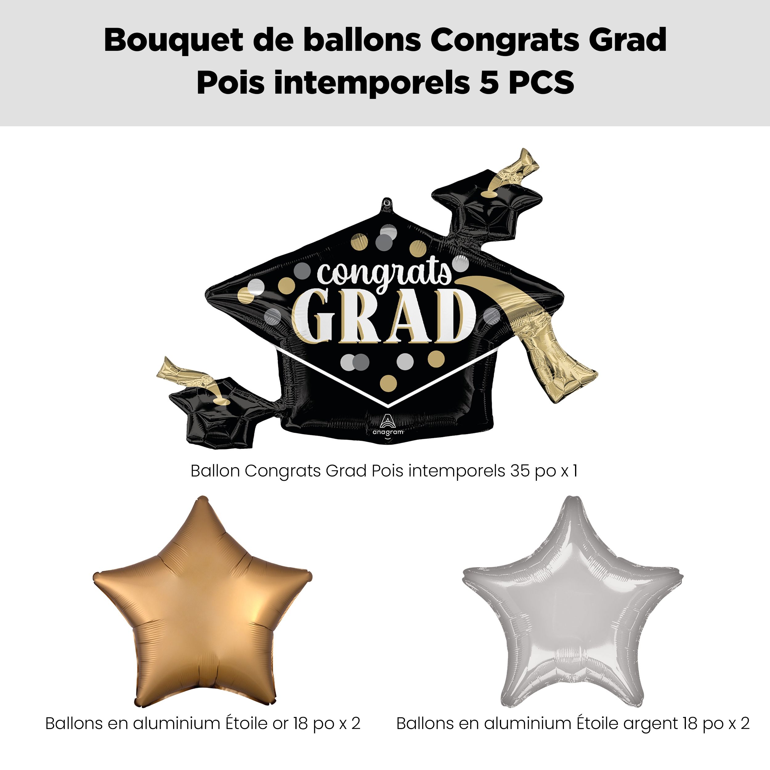 Bouquet de ballons Supershape Congrats Grad à pois avec ballons étoiles en aluminium, doré/argenté, paq. 5, gonflage à l'hélium et ruban inclus Front_Flat