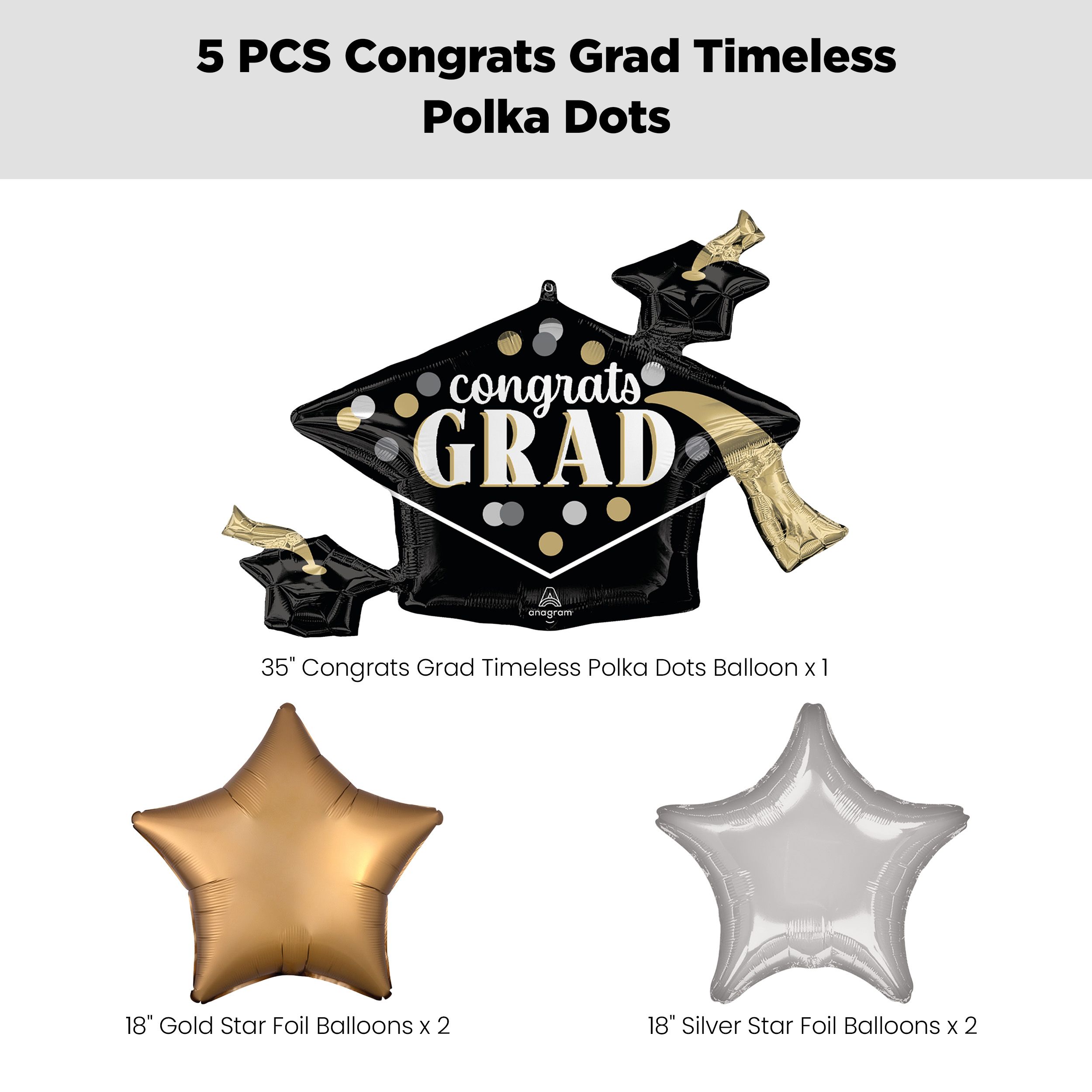 “Congrats Grad” Timeless Polka Dots Supershape Balloon Bouquet with Star Foil Balloons, Gold/Silver, 5-pk, Helium Inflation & Ribbon Included Front_Flat