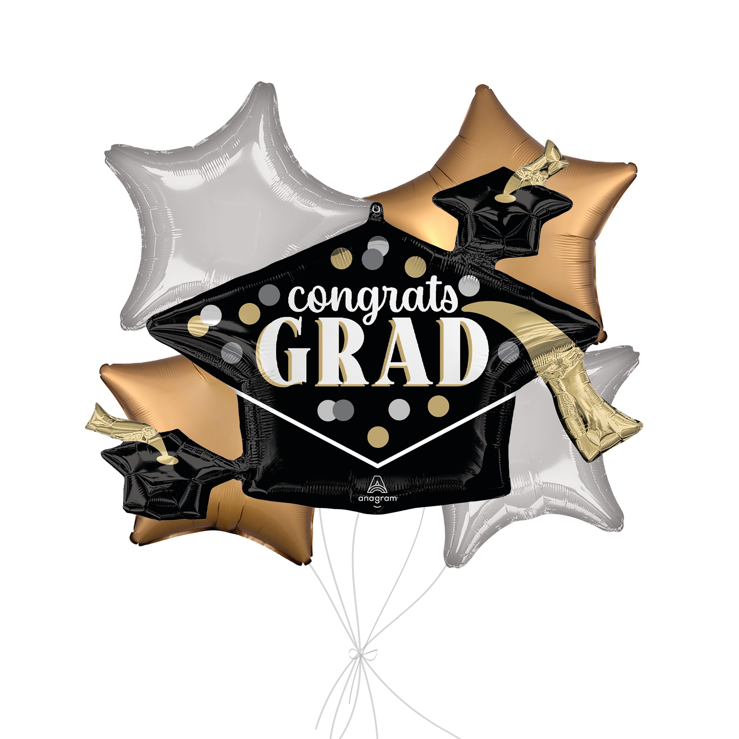 Bouquet de ballons Supershape Congrats Grad à pois avec ballons étoiles en aluminium, doré/argenté, paq. 5, gonflage à l'hélium et ruban inclus Front_Flat