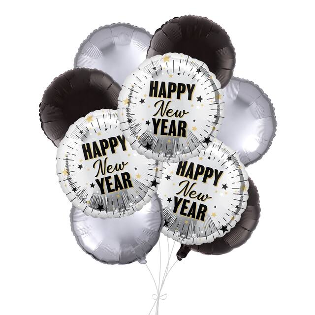 "Happy New Year" Round Satin Foil Balloon Bouquet with Foil Balloons, Black/Silver, 9-pk, Helium Inflation & Ribbon Included for New Year's Eve Front_Elevated