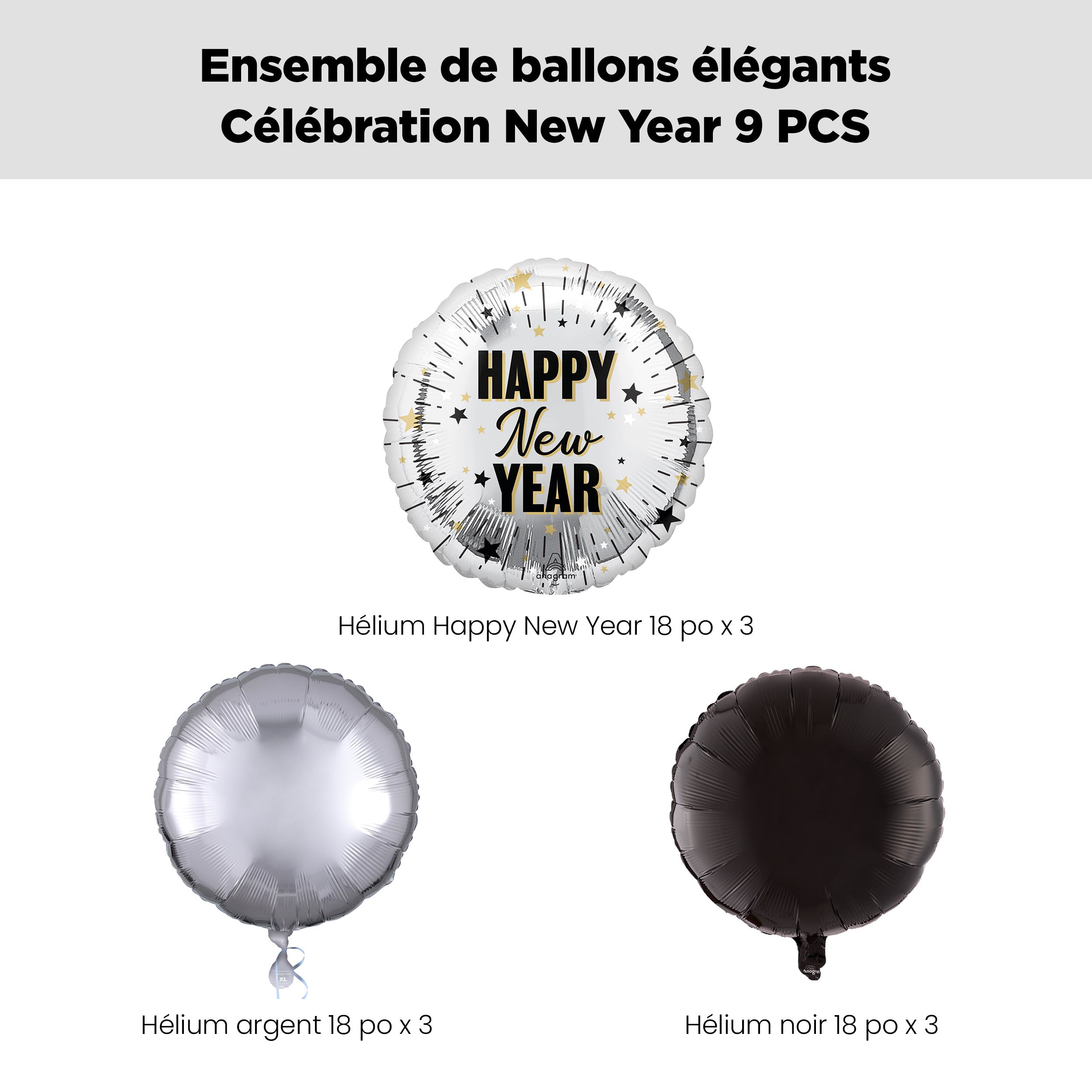 Bouquet de ballons ronds métalliques satinés Happy New Year avec ballons à effet métallique, noir/argenté, paq. 9, gonflage à l’hélium et ruban inclus, pour veille du jour de l’An Front_Flat