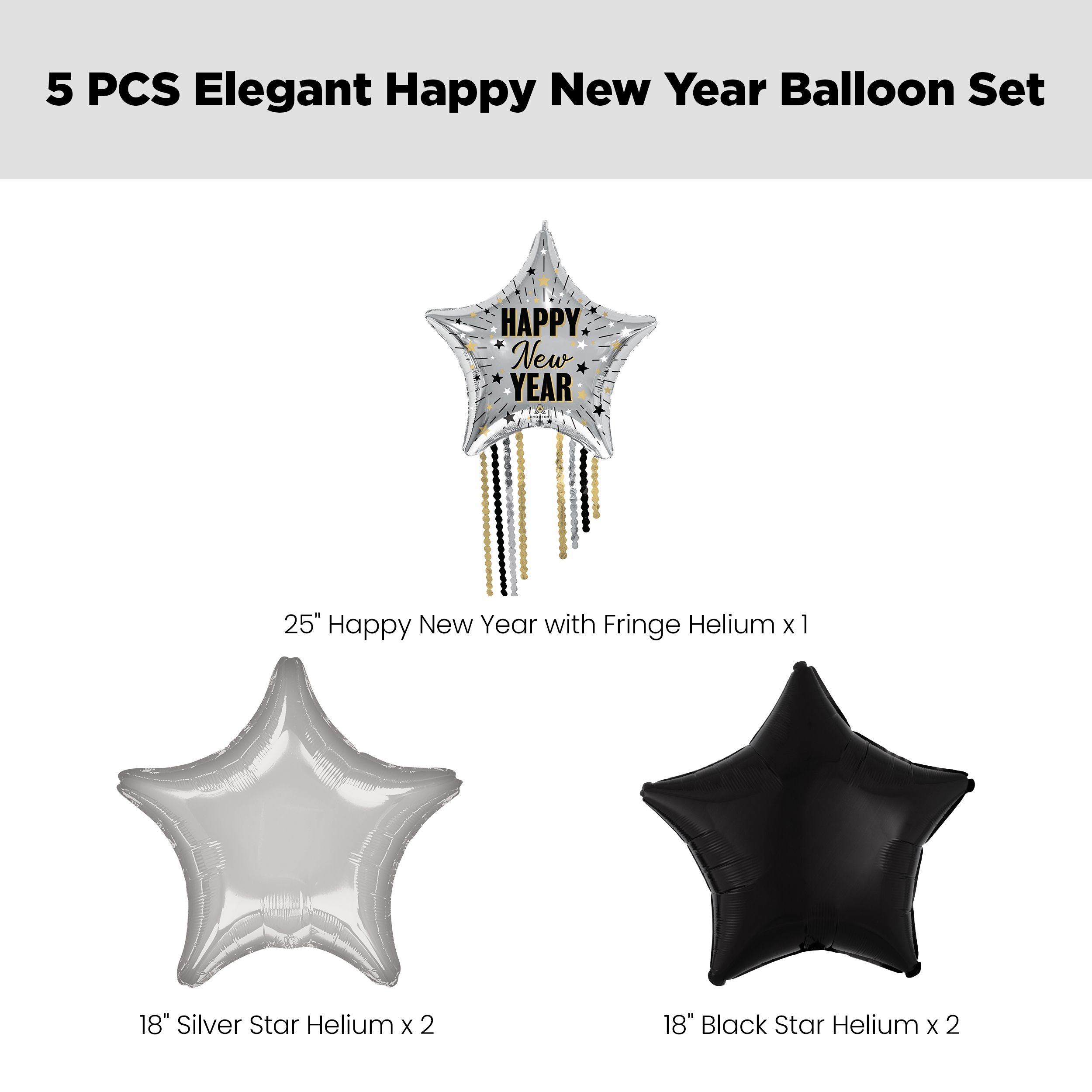 "Happy New Year" Star Fringe Satin Foil Supershape Balloon Bouquet with Star Foil Balloons, Silver/Black, 5-pk, Helium Inflation & Ribbon Included Front_Flat