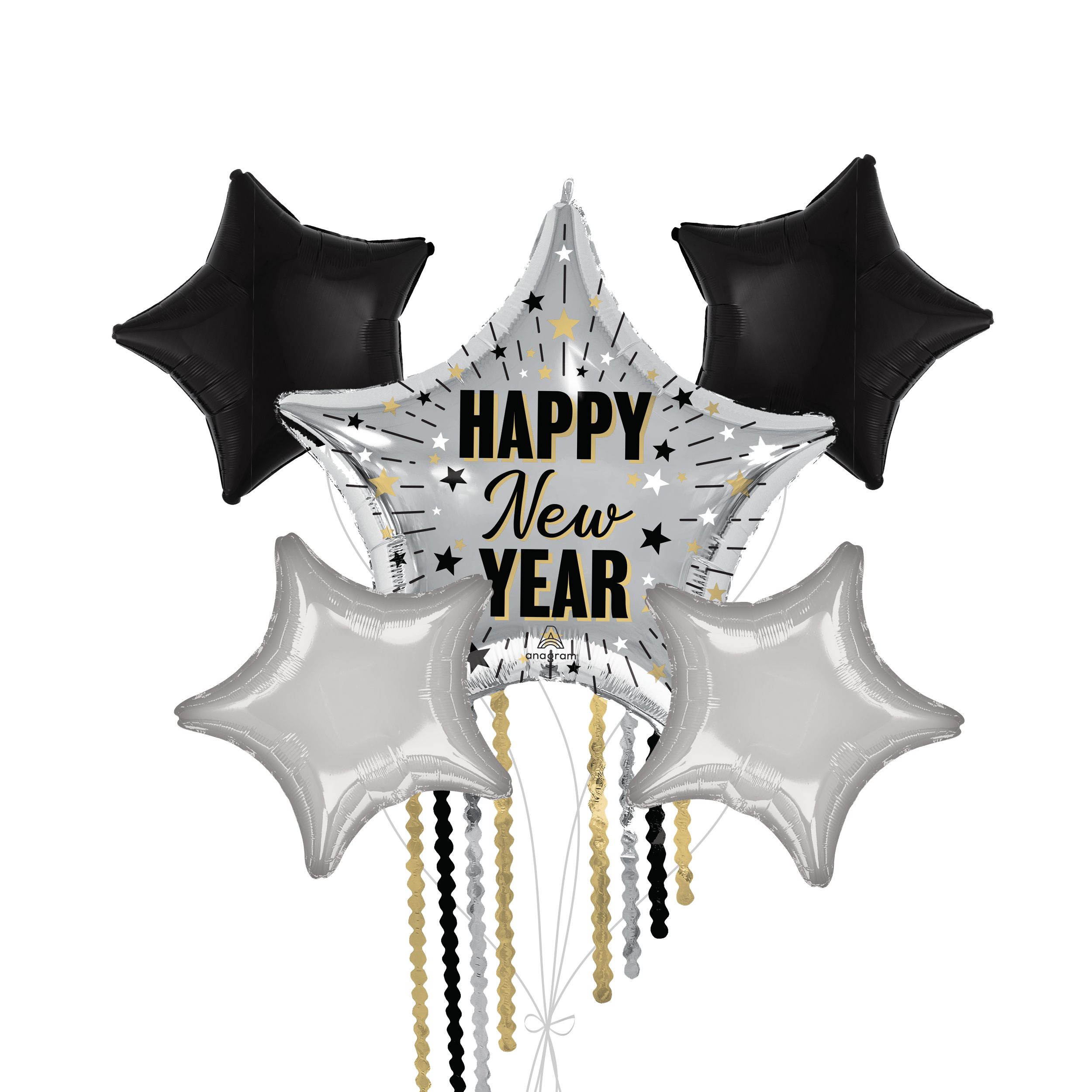 Bouquet de ballons géants métalliques satinés à étoiles et franges Happy New Year avec ballons métalliques étoilés, argenté/noir, paq. 5, gonflage à l’hélium et ruban inclus Front_Flat
