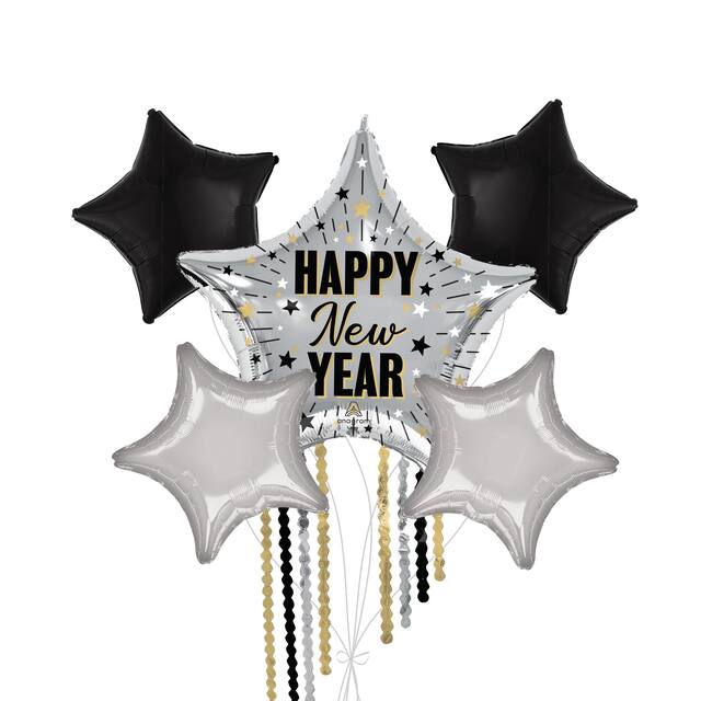"Happy New Year" Star Fringe Satin Foil Supershape Balloon Bouquet with Star Foil Balloons, Silver/Black, 5-pk, Helium Inflation & Ribbon Included Front_Flat