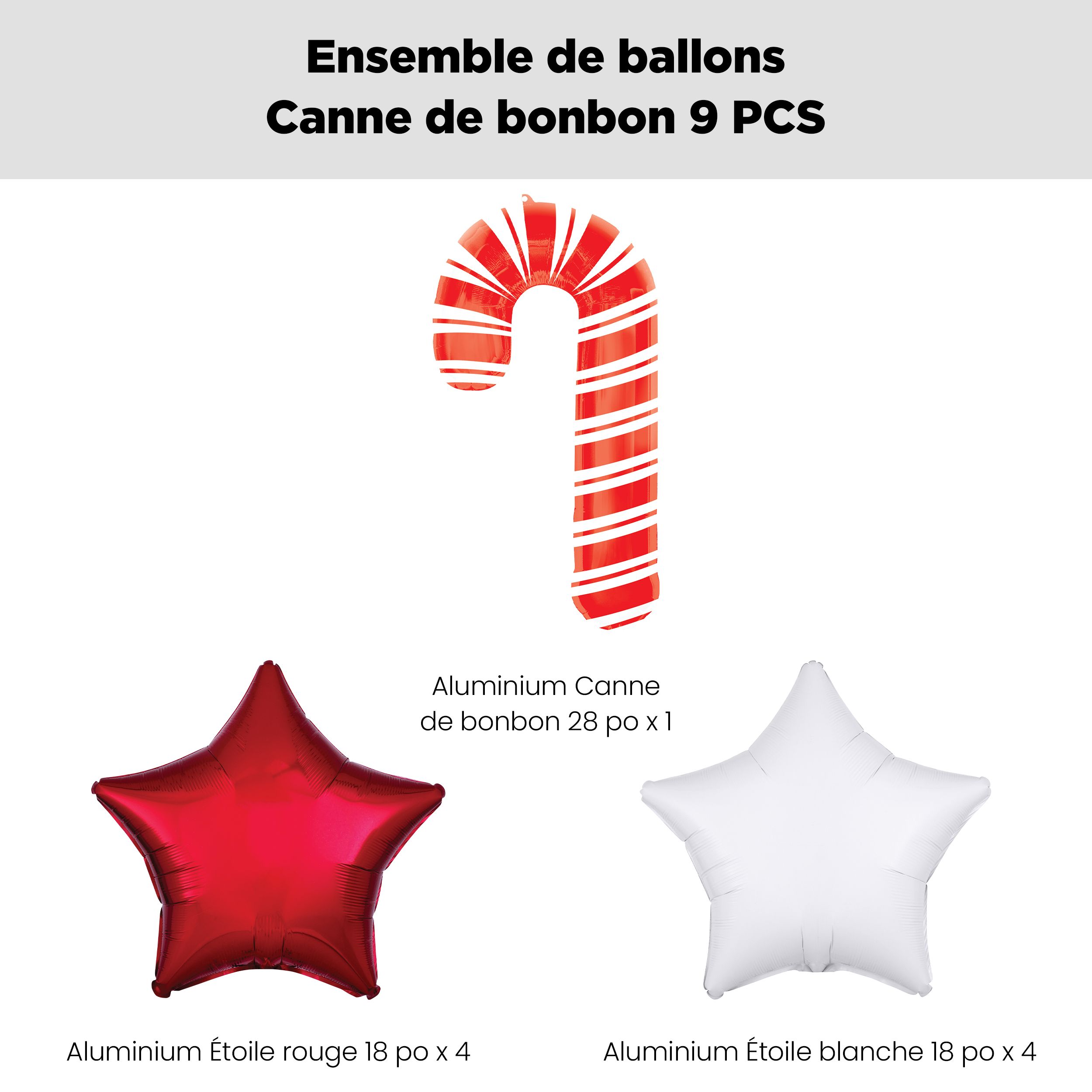 Bouquet de ballons en forme de canne de bonbon, blanc/rouge, 9&nbsp;pièces, gonflement à l’hélium et ruban inclus pour Noël/fête d’hiver Front_Flat