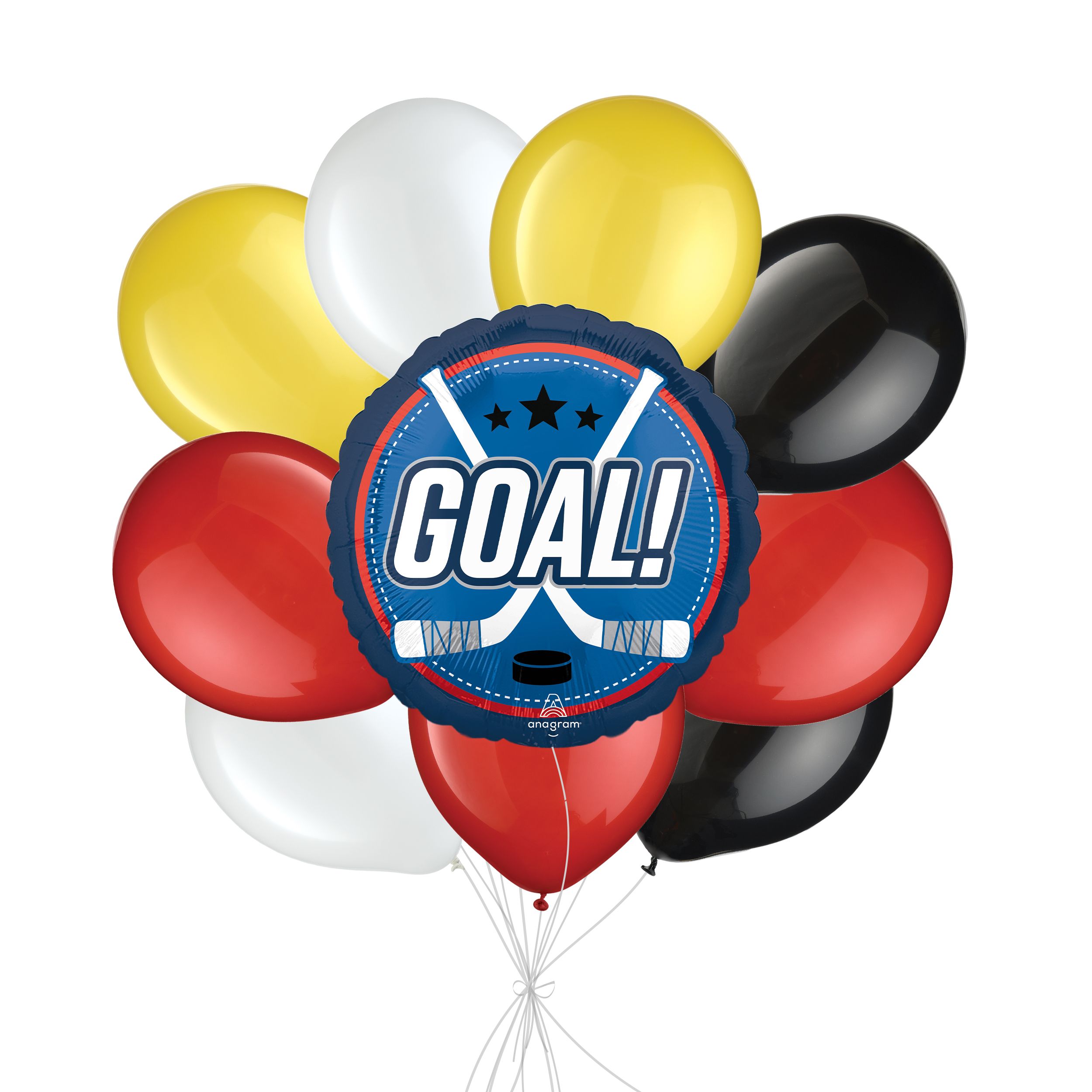 "Goal!" Hockey Sticks Balloon Bouquet with Latex Balloons, Red/Yellow/Black/White, 10-pk, Helium Inflation & Ribbon Included Front_Flat
