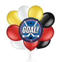 "Goal!" Hockey Sticks Balloon Bouquet with Latex Balloons, Red/Yellow/Black/White, 10-pk, Helium Inflation & Ribbon Included Front_Flat