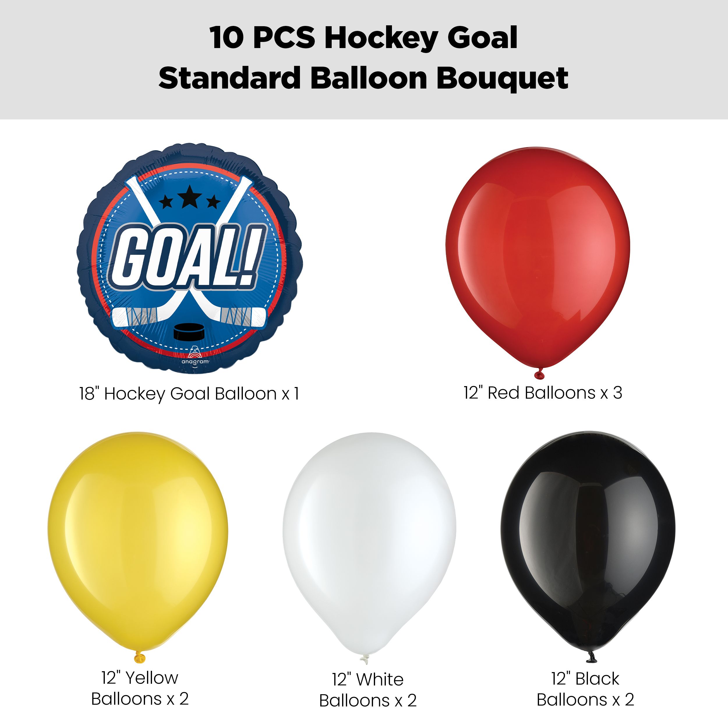 "Goal!" Hockey Sticks Balloon Bouquet with Latex Balloons, Red/Yellow/Black/White, 10-pk, Helium Inflation & Ribbon Included Front_Flat