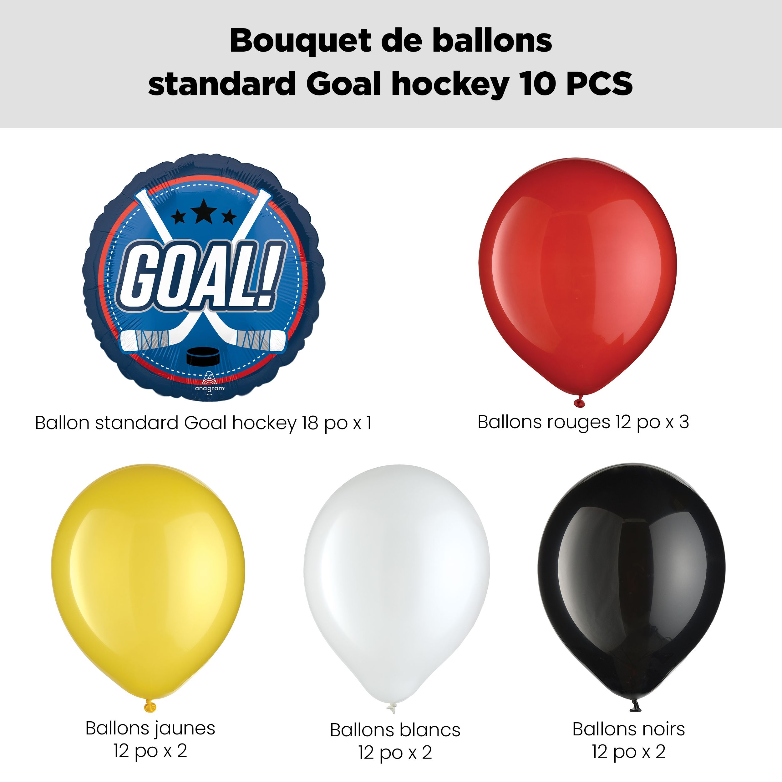 Bouquet de ballons avec ballon standard de bâtons de hockey « GOAL! » et ballons en latex, rouge, jaune, noir et blanc, 10 pce, gonflage à l’hélium et ruban compris Front_Flat